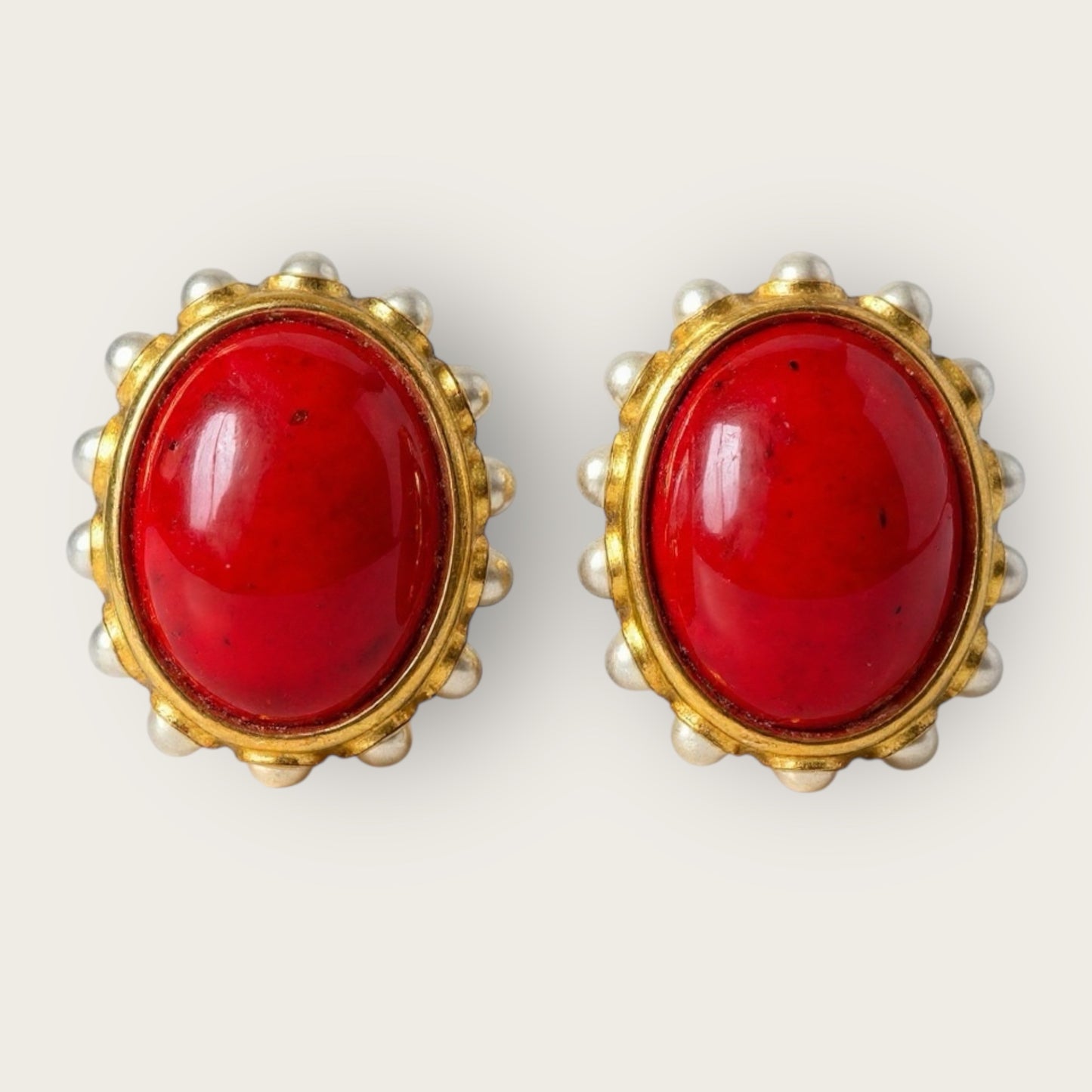 Vintage Ben-Amun Red Lucite & Faux Pearl Clip-On Earrings