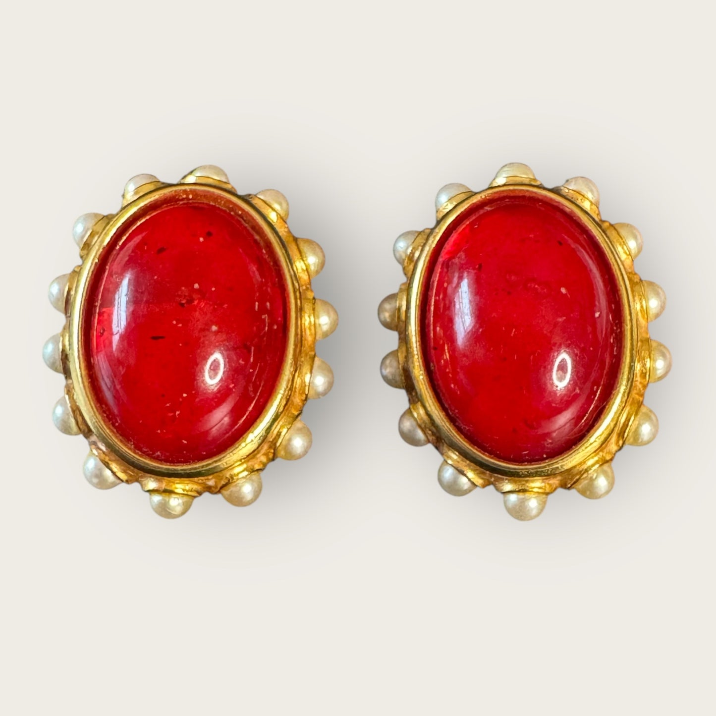 Vintage Ben-Amun Red Lucite & Faux Pearl Clip-On Earrings