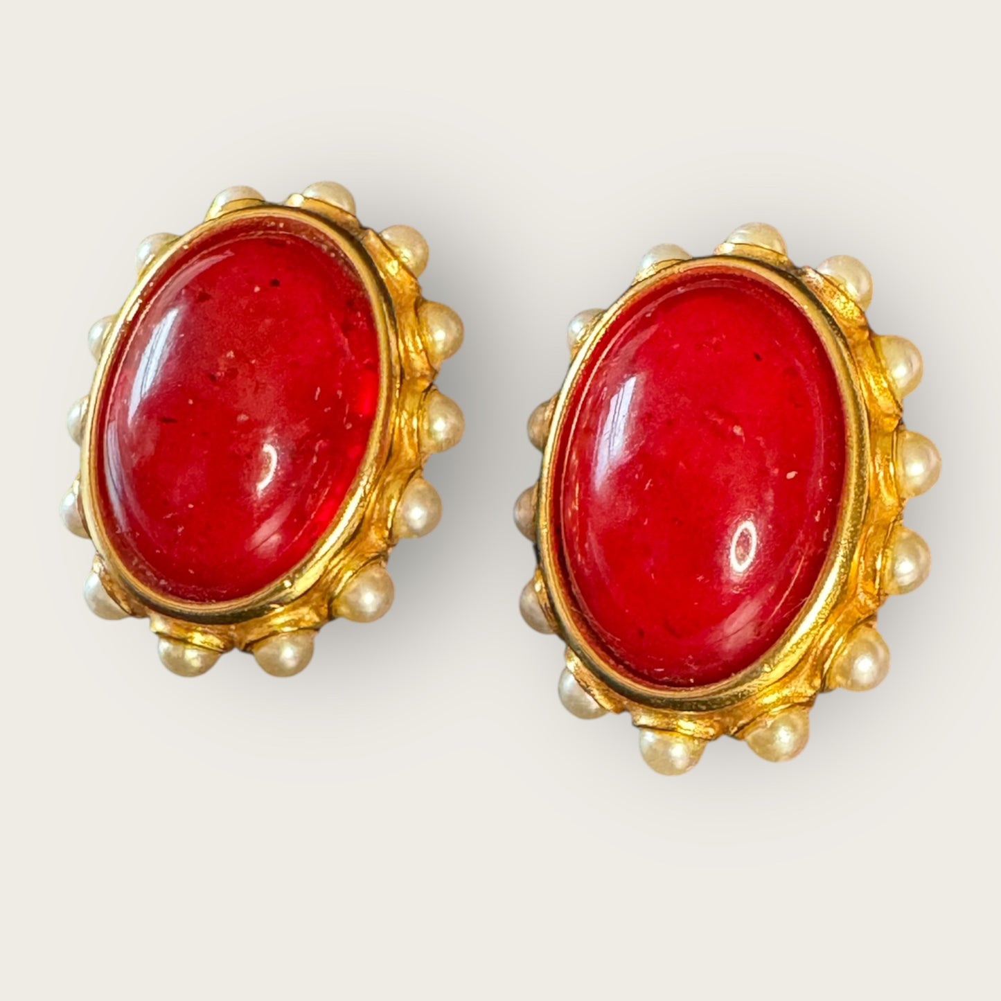 Vintage Ben-Amun Red Lucite & Faux Pearl Clip-On Earrings