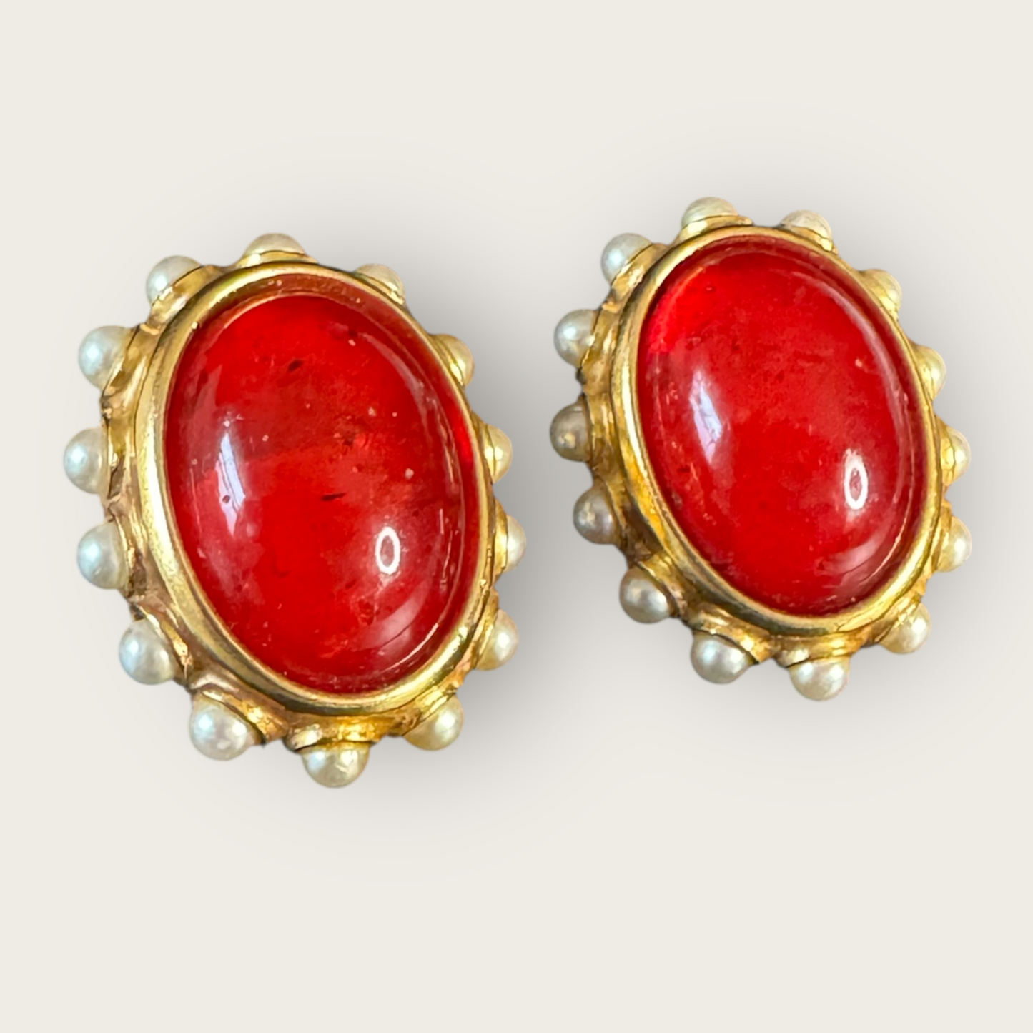 Vintage Ben-Amun Red Lucite & Faux Pearl Clip-On Earrings