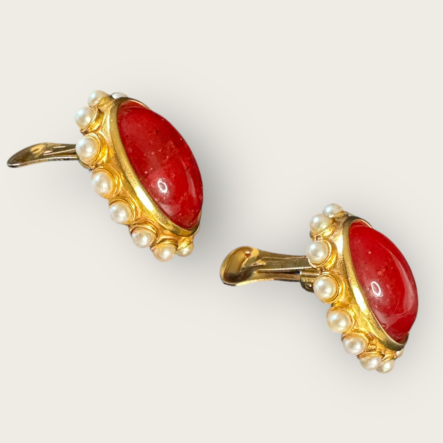 Vintage Ben-Amun Red Lucite & Faux Pearl Clip-On Earrings