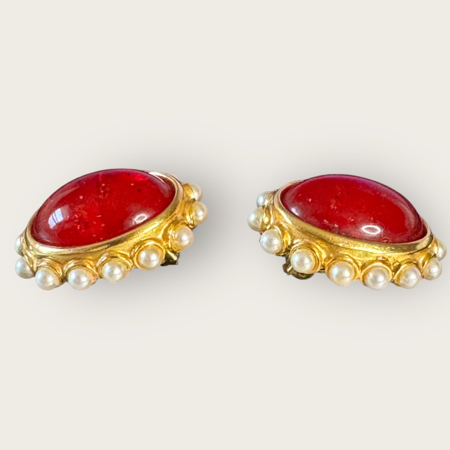 Vintage Ben-Amun Red Lucite & Faux Pearl Clip-On Earrings