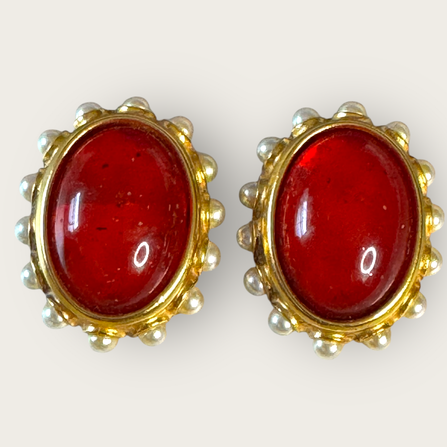Vintage Ben-Amun Red Lucite & Faux Pearl Clip-On Earrings