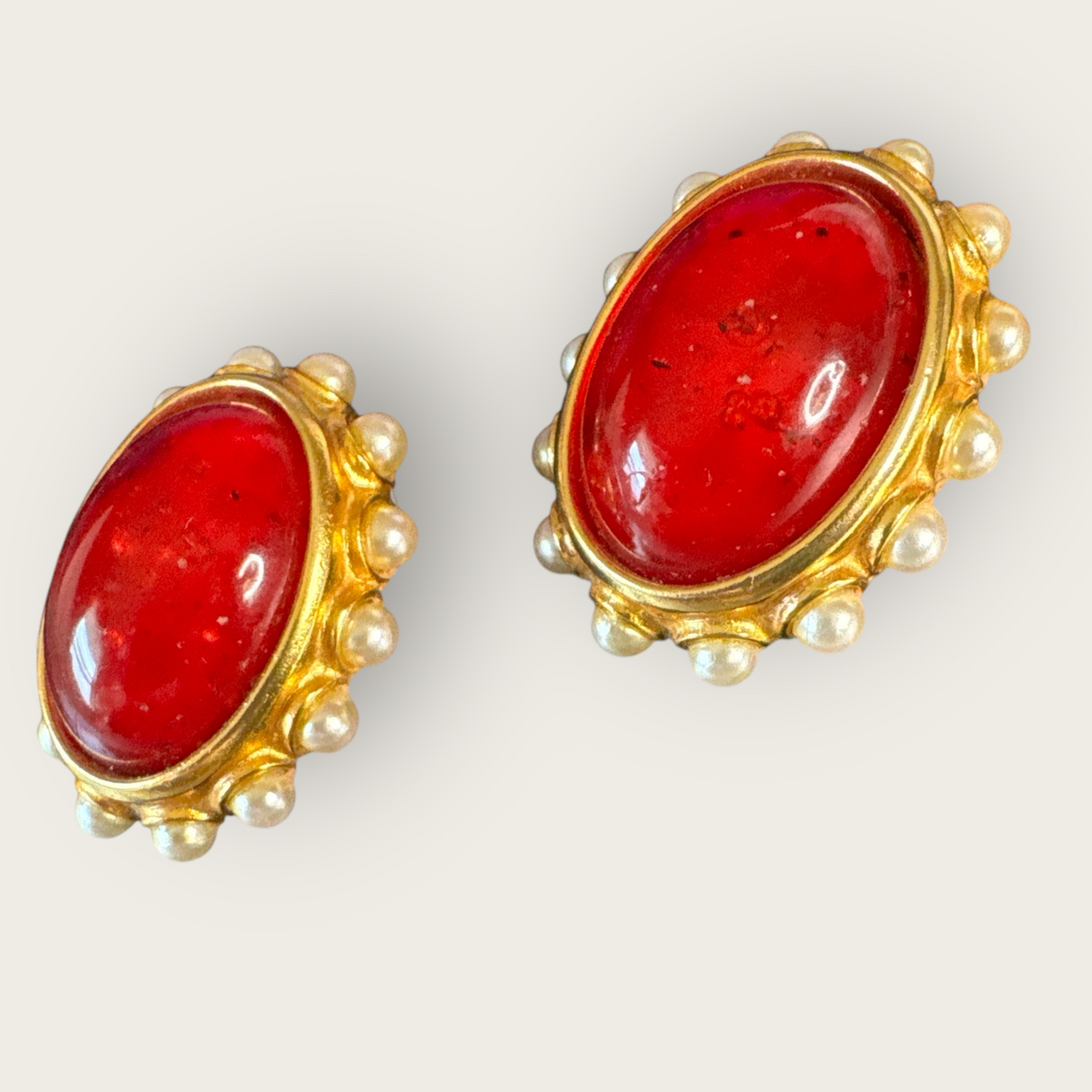 Vintage Ben-Amun Red Lucite & Faux Pearl Clip-On Earrings