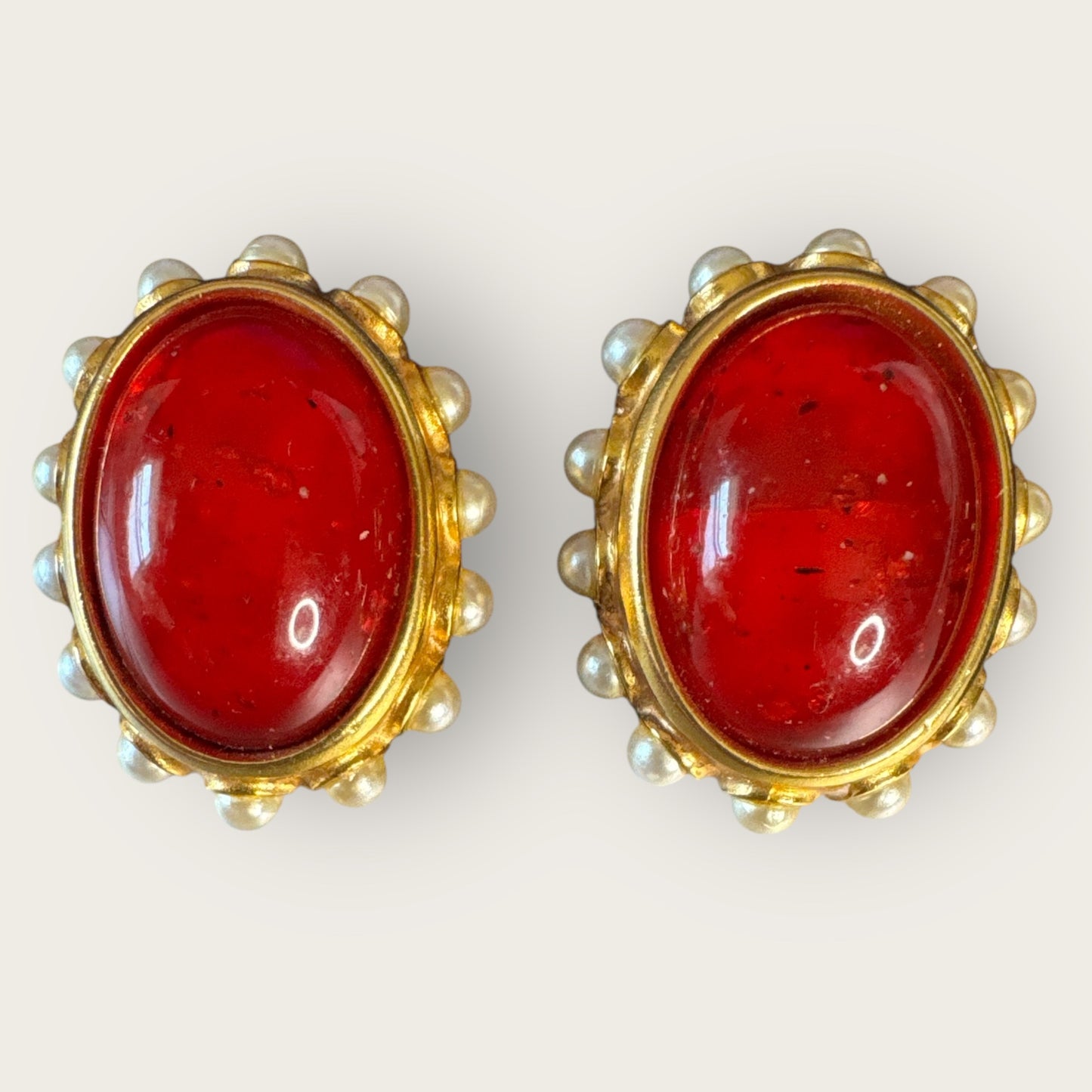 Vintage Ben-Amun Red Lucite & Faux Pearl Clip-On Earrings