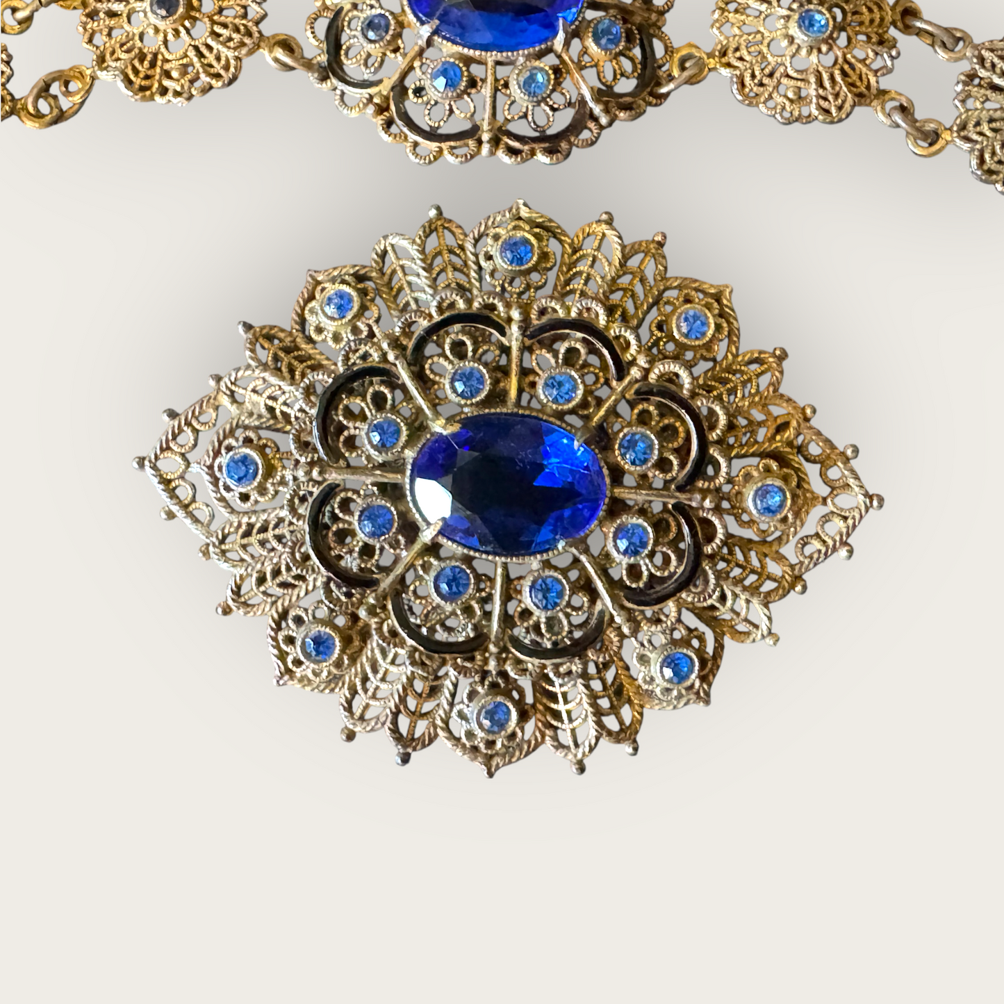 Antique Czech Filigree Bracelet & Brooch Set – Sapphire Blue Glass & Paste Stones – 1930s European Jewelry