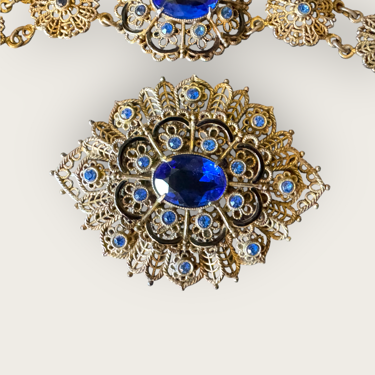 Antique Czech Filigree Bracelet & Brooch Set – Sapphire Glass & Paste Stones – Attributed, Unsigned, c. 1930s