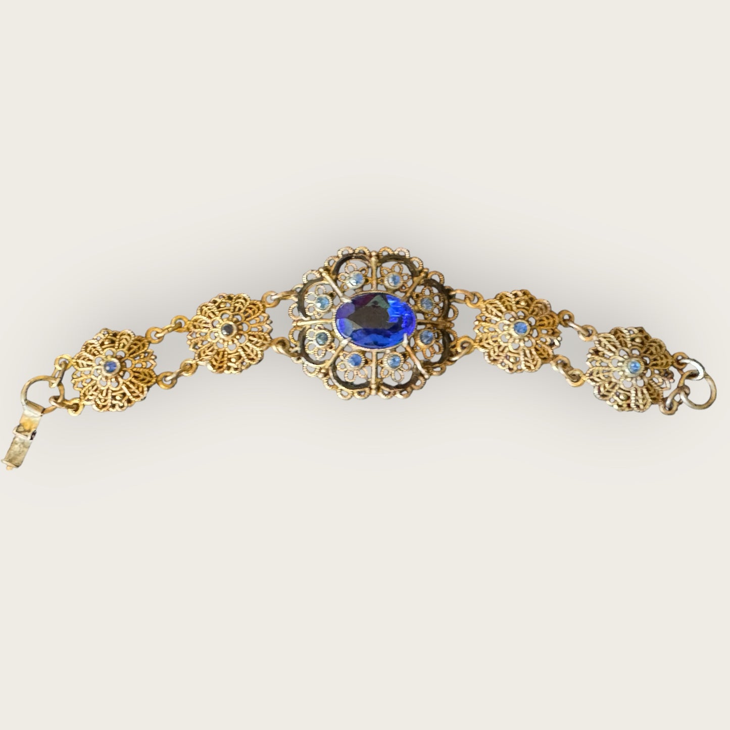 Antique Czech Filigree Bracelet & Brooch Set – Sapphire Blue Glass & Paste Stones – 1930s European Jewelry