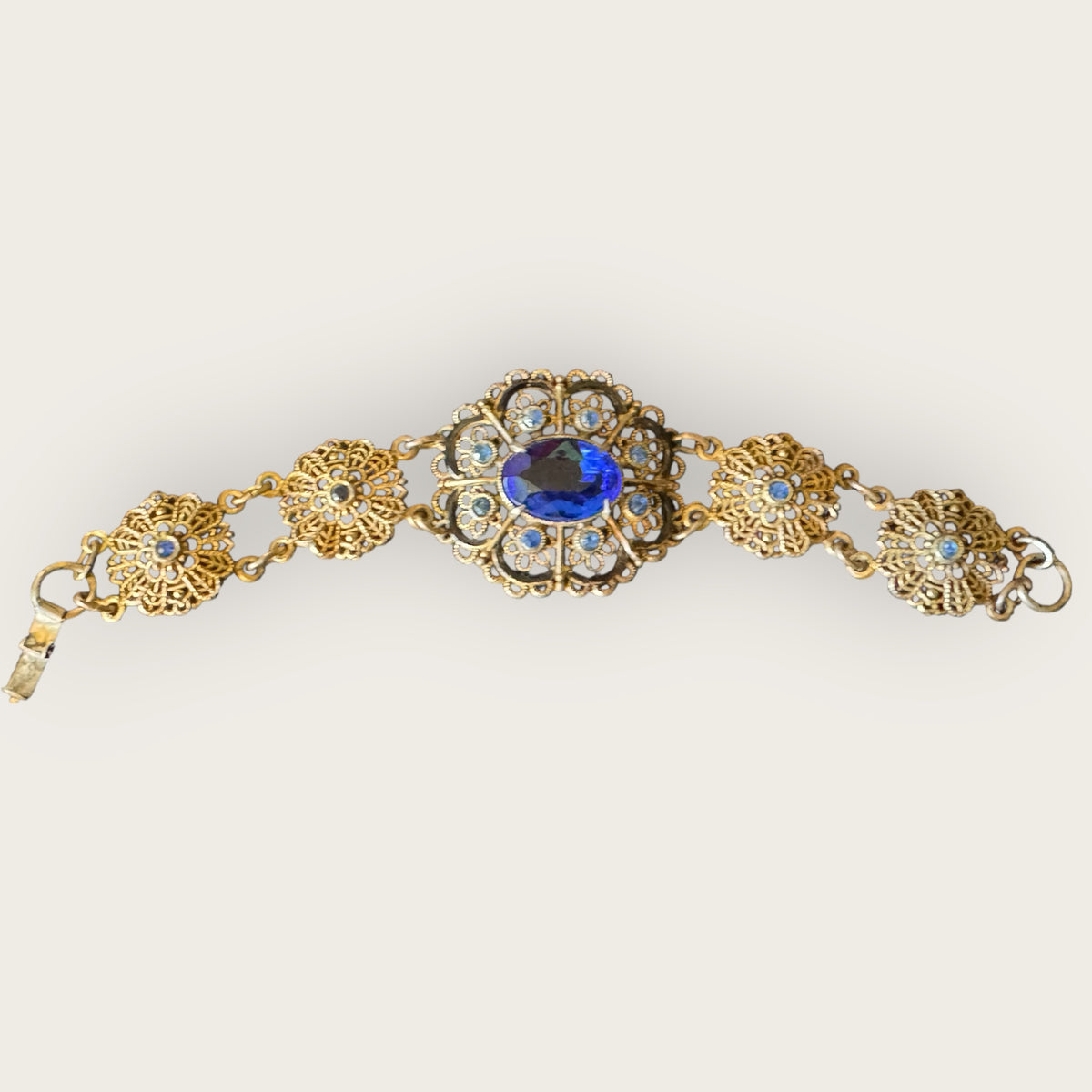 Antique Czech Filigree Bracelet & Brooch Set – Sapphire Glass & Paste Stones – Attributed, Unsigned, c. 1930s