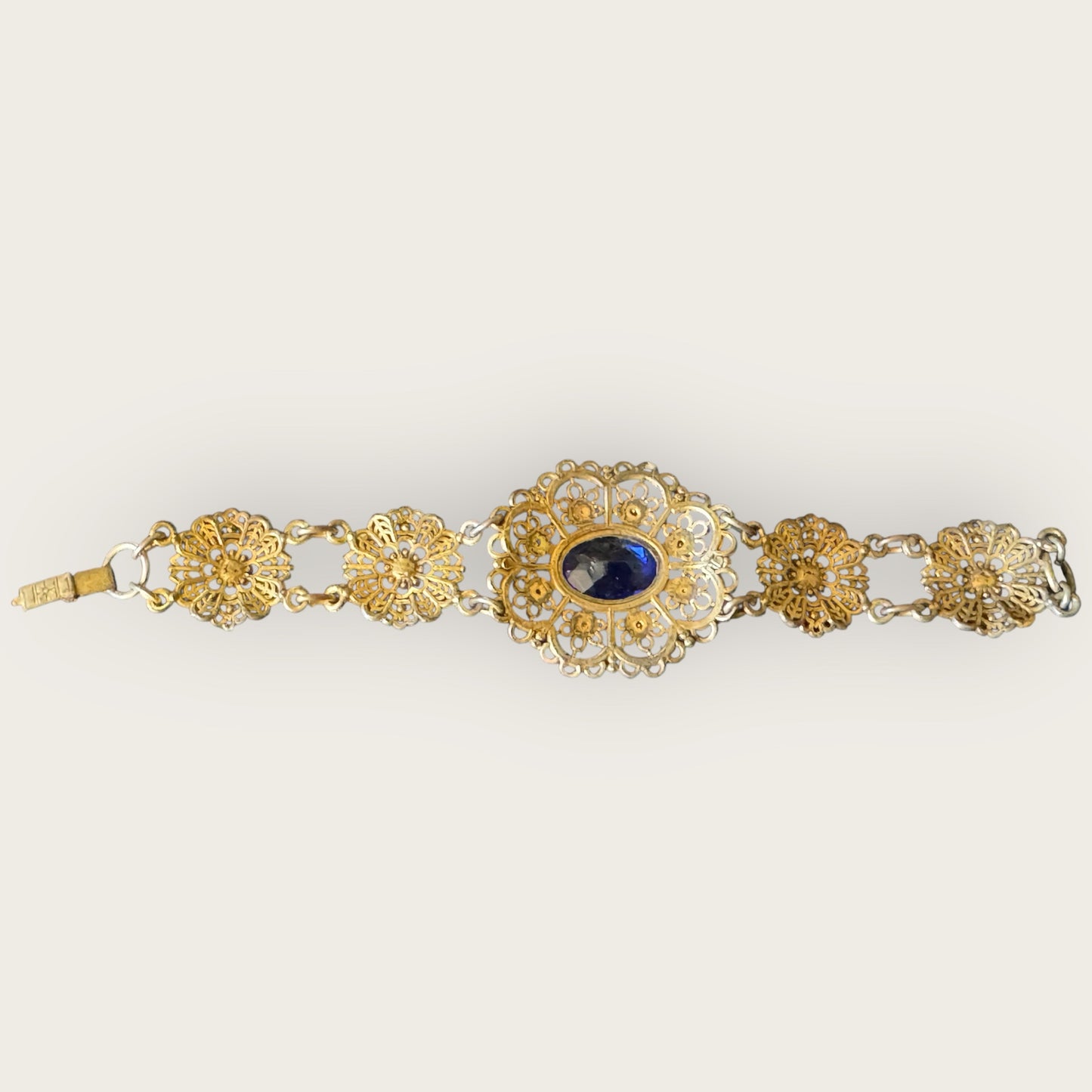 Antique Czech Filigree Bracelet & Brooch Set – Sapphire Blue Glass & Paste Stones – 1930s European Jewelry