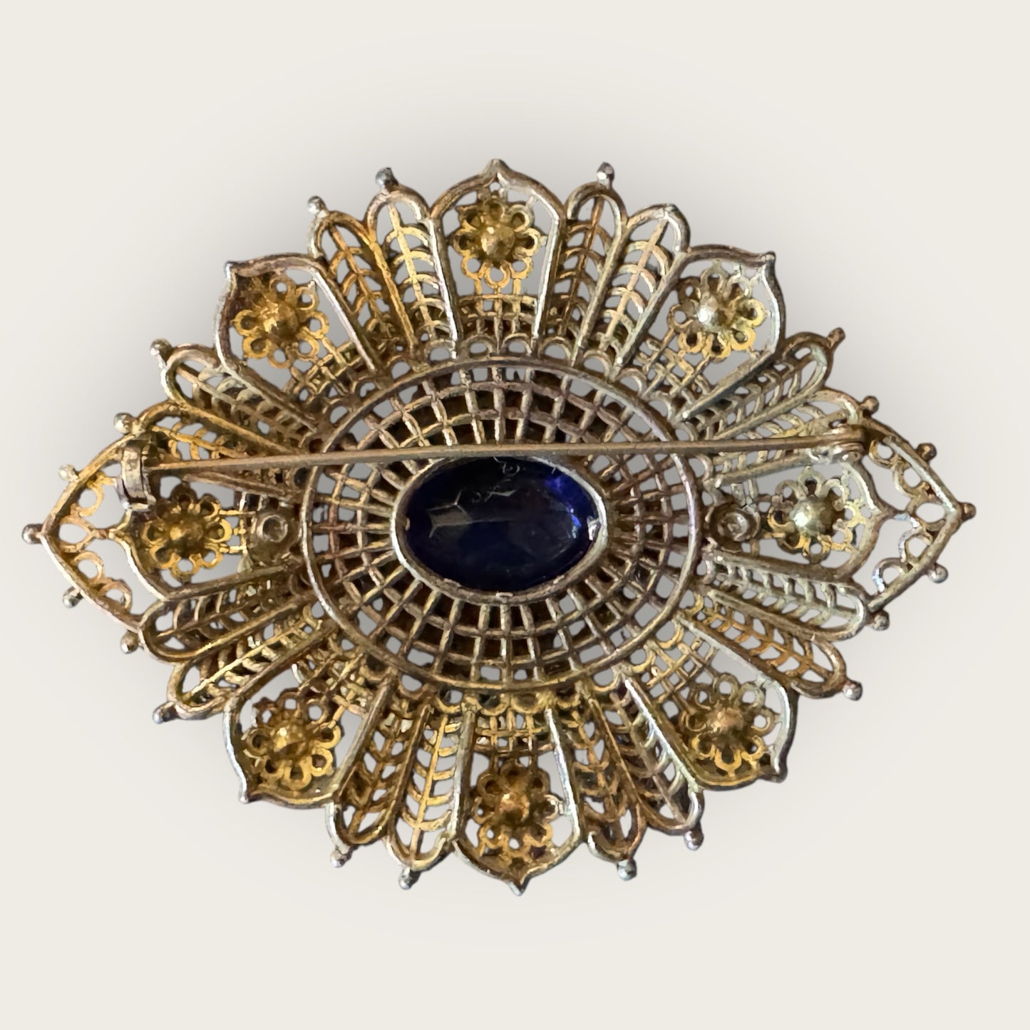 Antique Czech Filigree Bracelet & Brooch Set – Sapphire Blue Glass & Paste Stones – 1930s European Jewelry