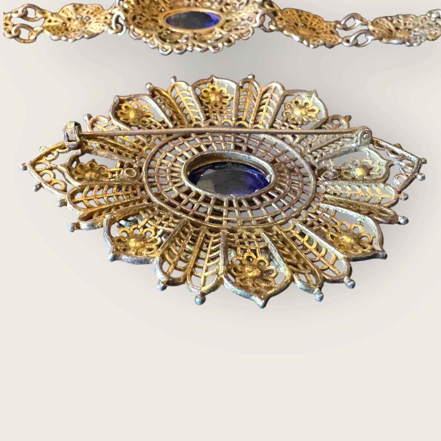 Antique Czech Filigree Bracelet & Brooch Set – Sapphire Blue Glass & Paste Stones – 1930s European Jewelry