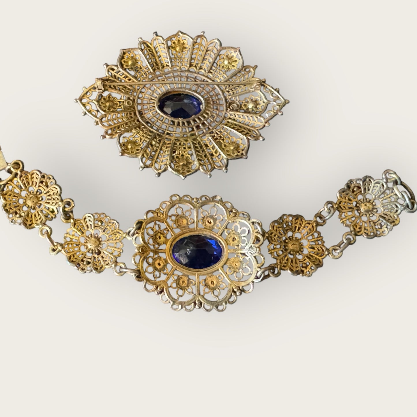 Antique Czech Filigree Bracelet & Brooch Set – Sapphire Blue Glass & Paste Stones – 1930s European Jewelry