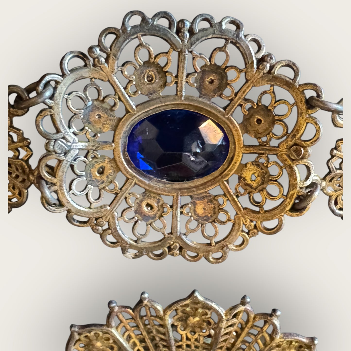 Antique Czech Filigree Bracelet & Brooch Set – Sapphire Blue Glass & Paste Stones – 1930s European Jewelry