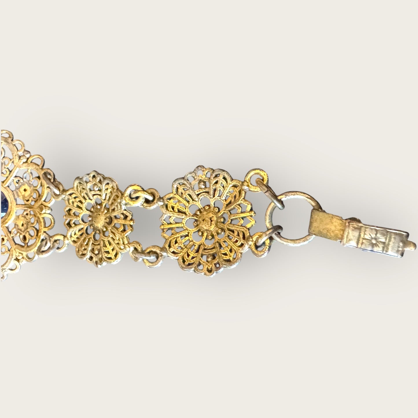 Antique Czech Filigree Bracelet & Brooch Set – Sapphire Blue Glass & Paste Stones – 1930s European Jewelry