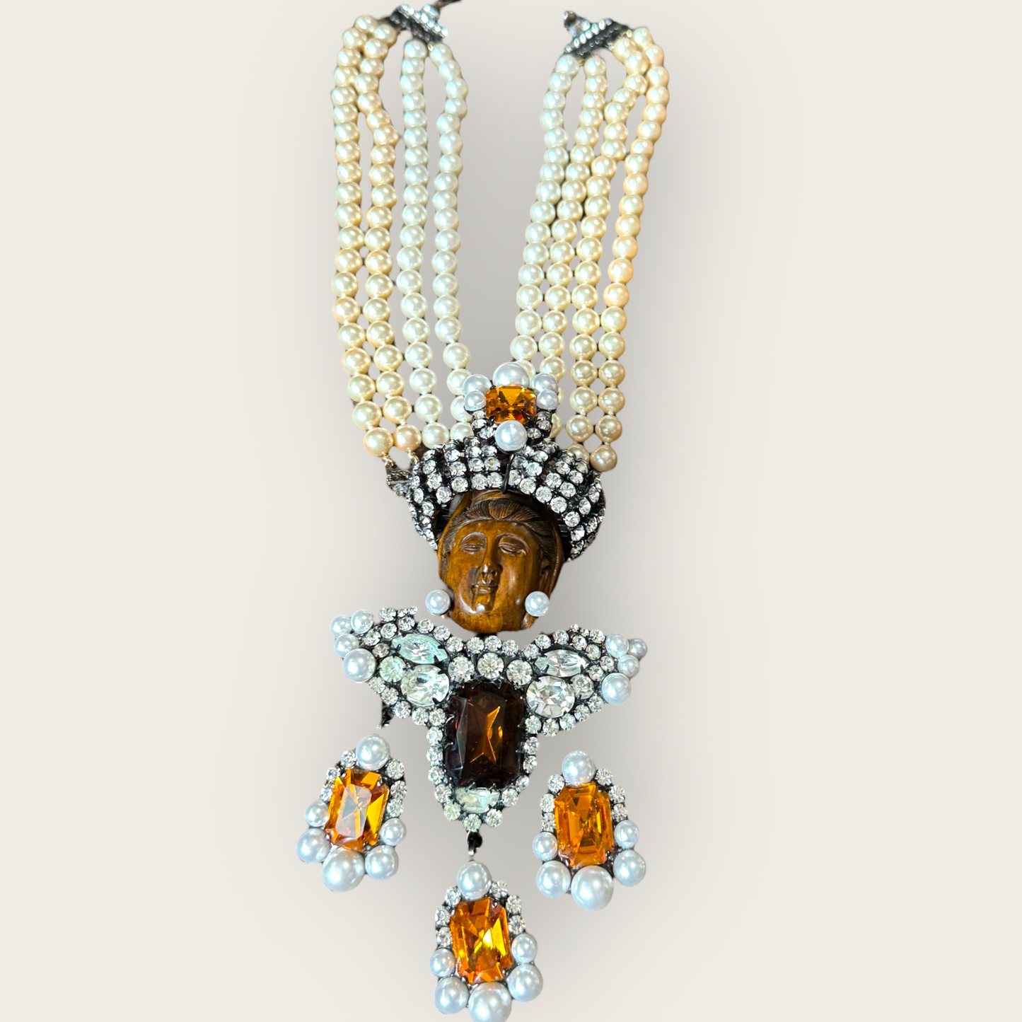 Lawrence Vrba Buddha Pendant Necklace & Brooch | Amber Glass, Rhinestone & Pearl | Private Collection