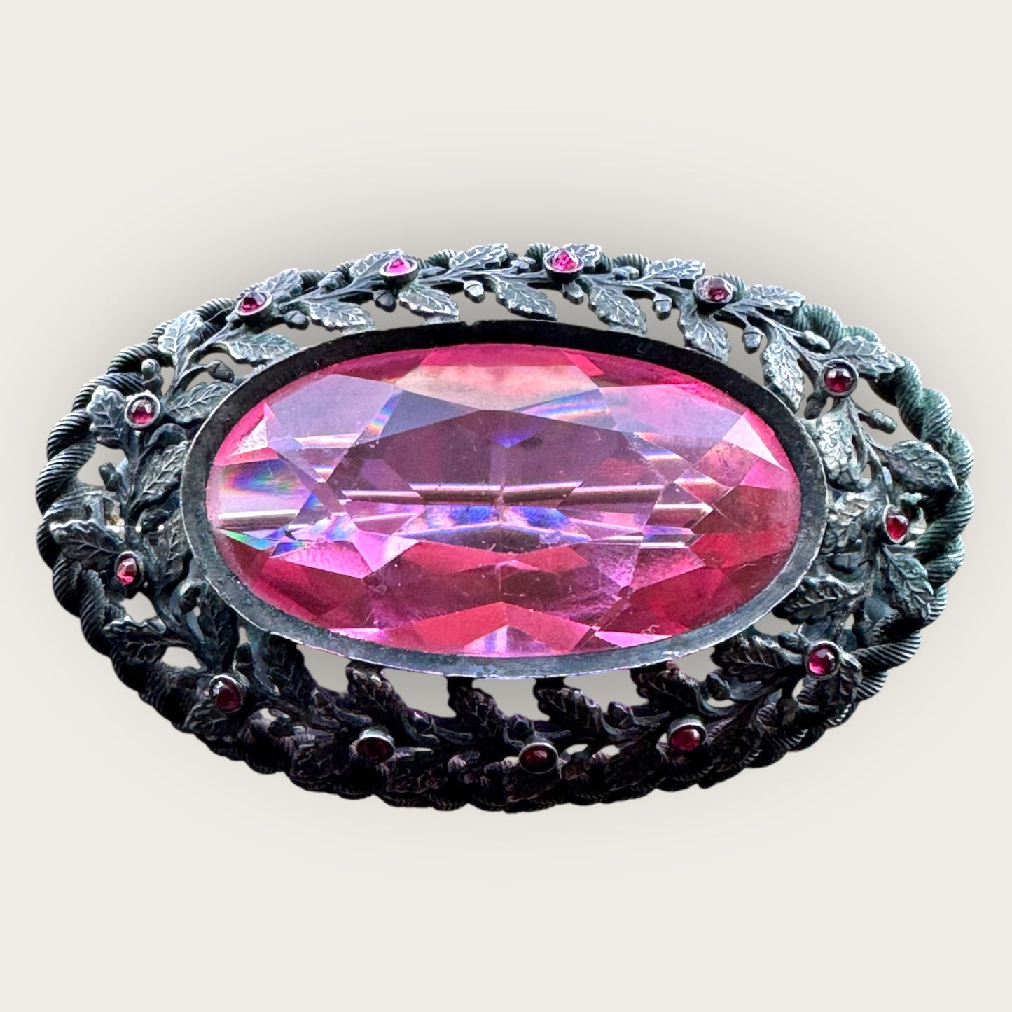Antique Czech Gunmetal Brooch with Pink Glass Stone and Garnet Glass Cabochons | Austro-Hungarian Statement Jewelry c.1900