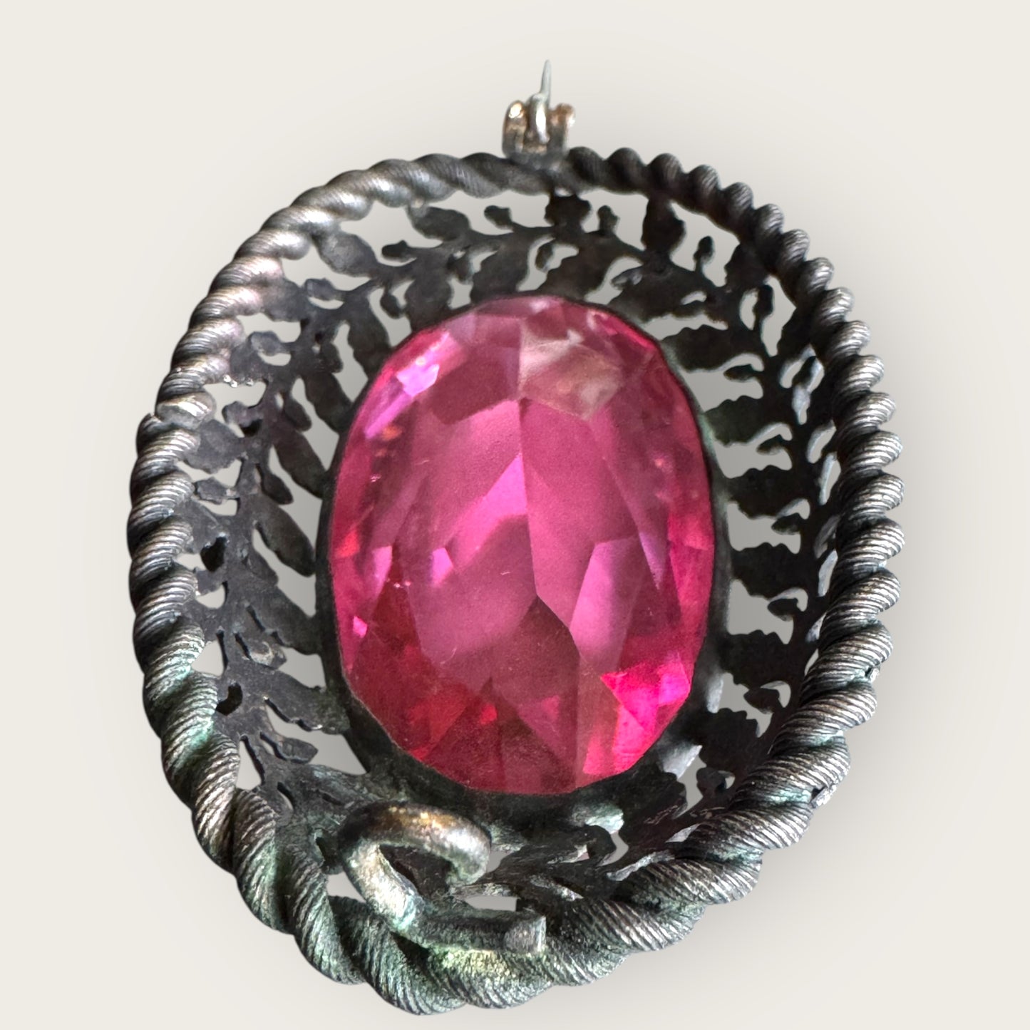 Antique Czech Gunmetal Brooch with Pink Glass Stone and Garnet Glass Cabochons | Austro-Hungarian Statement Jewelry c.1900