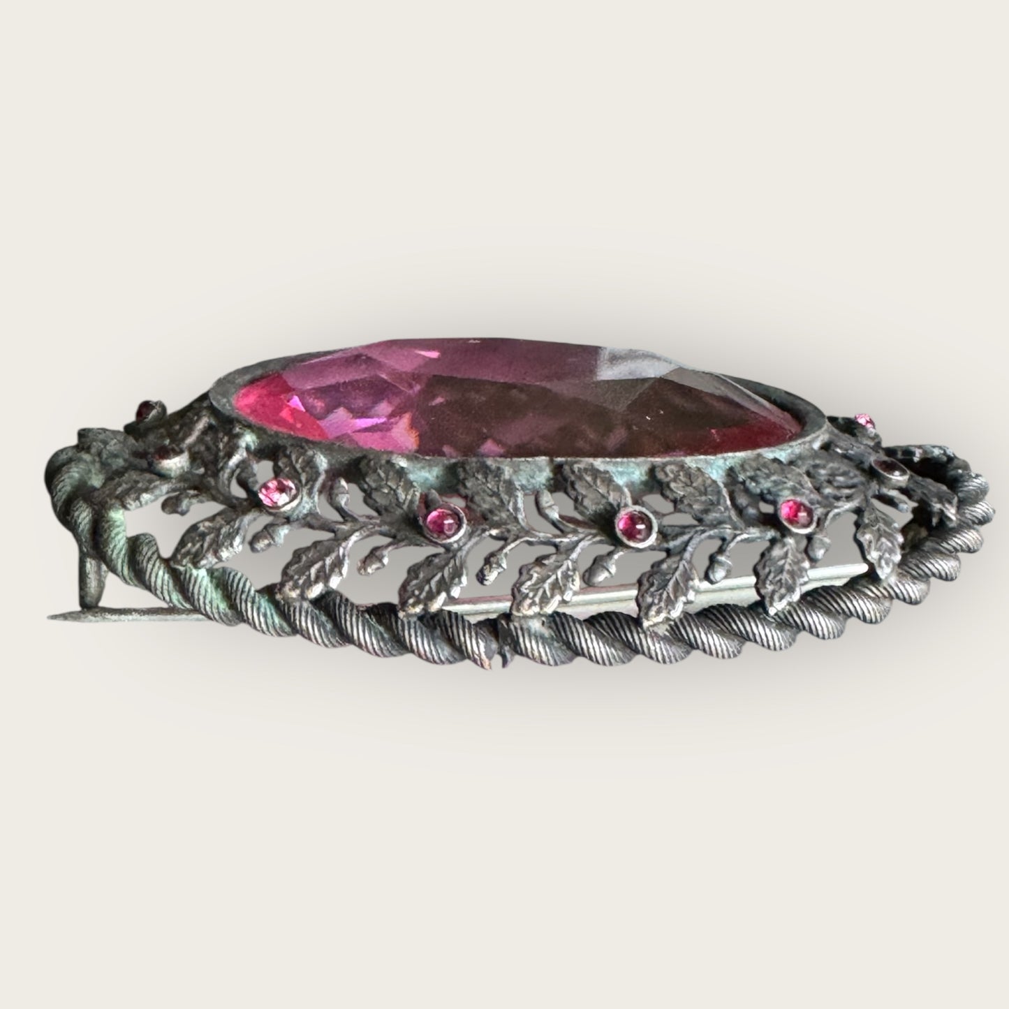 Antique Czech Gunmetal Brooch with Pink Glass Stone and Garnet Glass Cabochons | Austro-Hungarian Statement Jewelry c.1900