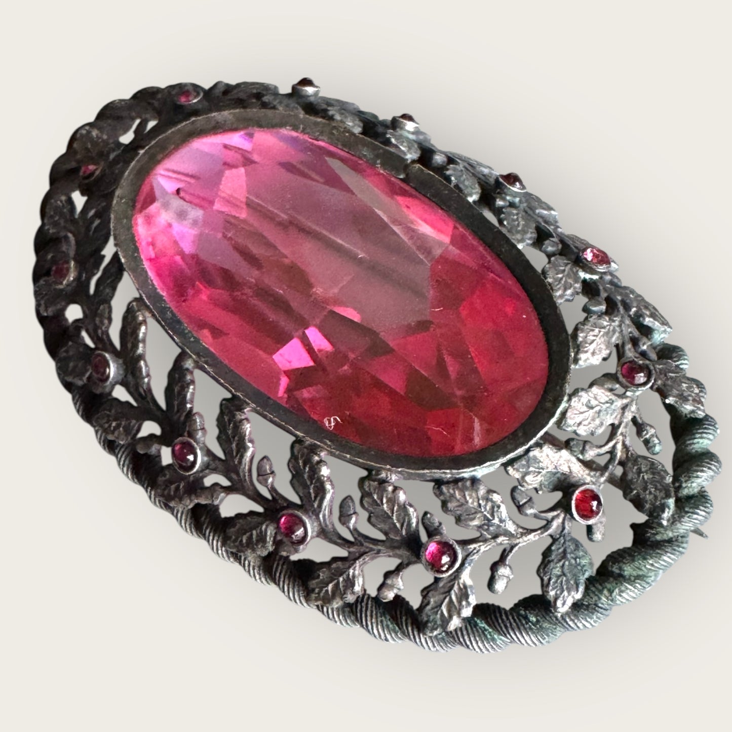 Antique Czech Gunmetal Brooch with Pink Glass Stone and Garnet Glass Cabochons | Austro-Hungarian Statement Jewelry c.1900
