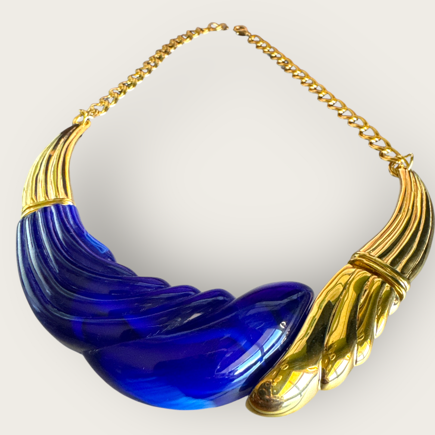 Vintage 1980s Park Lane Cobalt Blue Lucite & Gold Tone Fan Statement Necklace