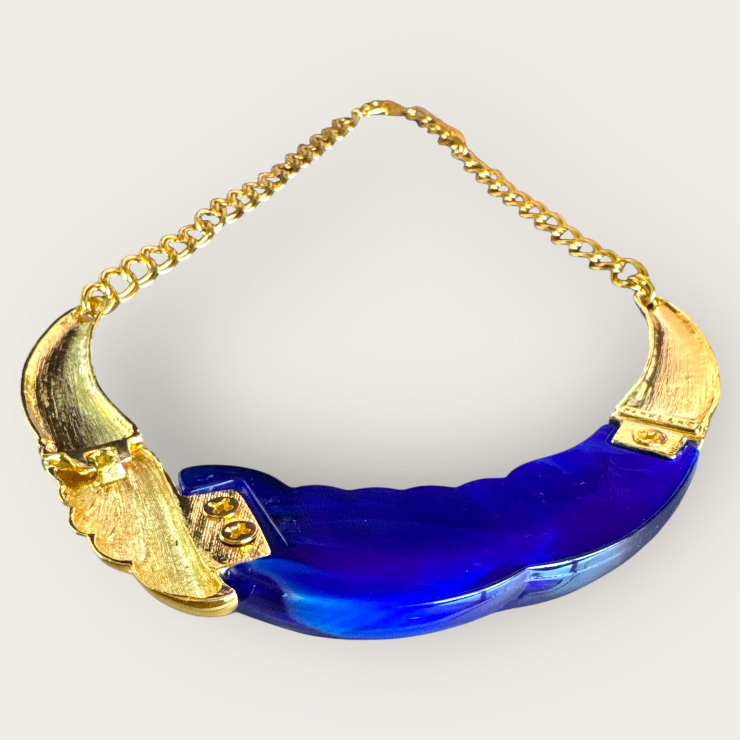 Vintage 1980s Park Lane Cobalt Blue Lucite & Gold Tone Fan Statement Necklace