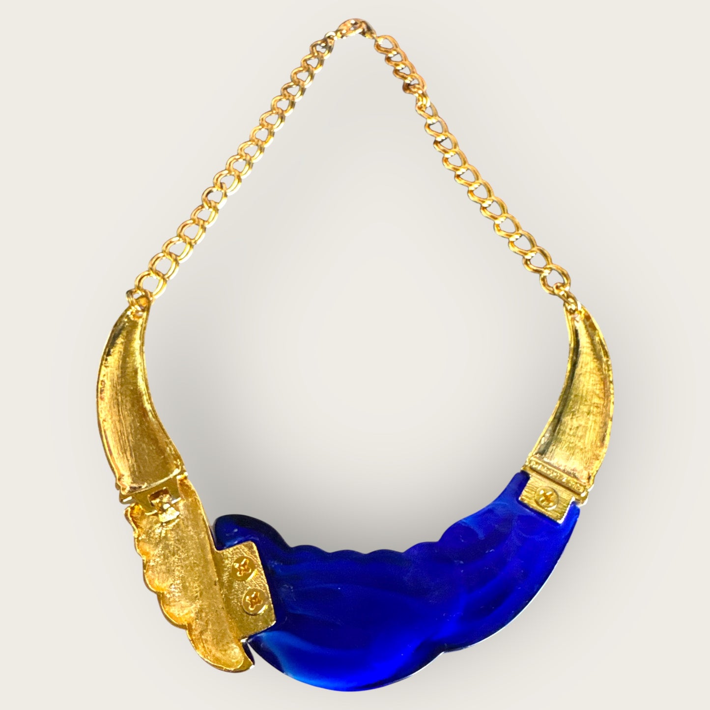 Vintage 1980s Park Lane Cobalt Blue Lucite & Gold Tone Fan Statement Necklace