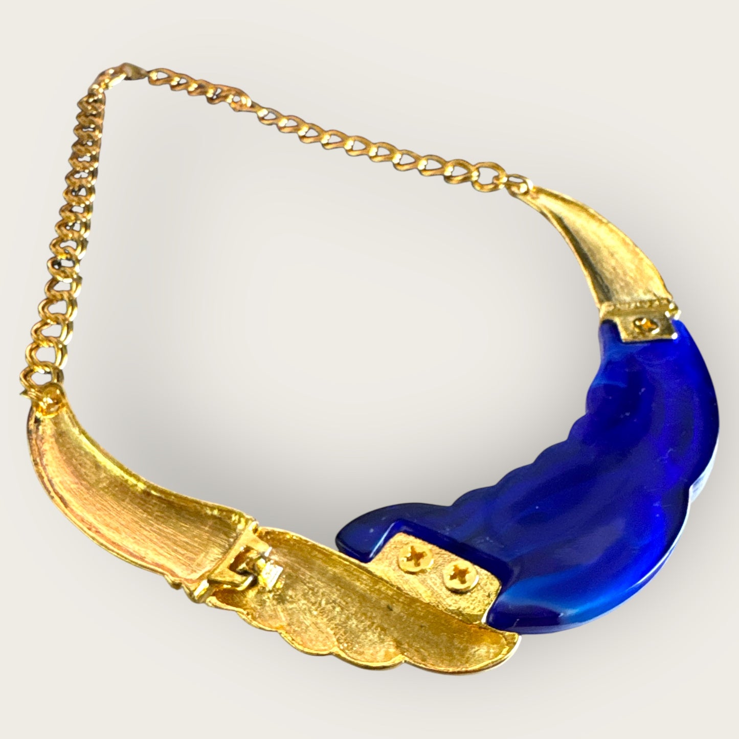 Vintage 1980s Park Lane Cobalt Blue Lucite & Gold Tone Fan Statement Necklace