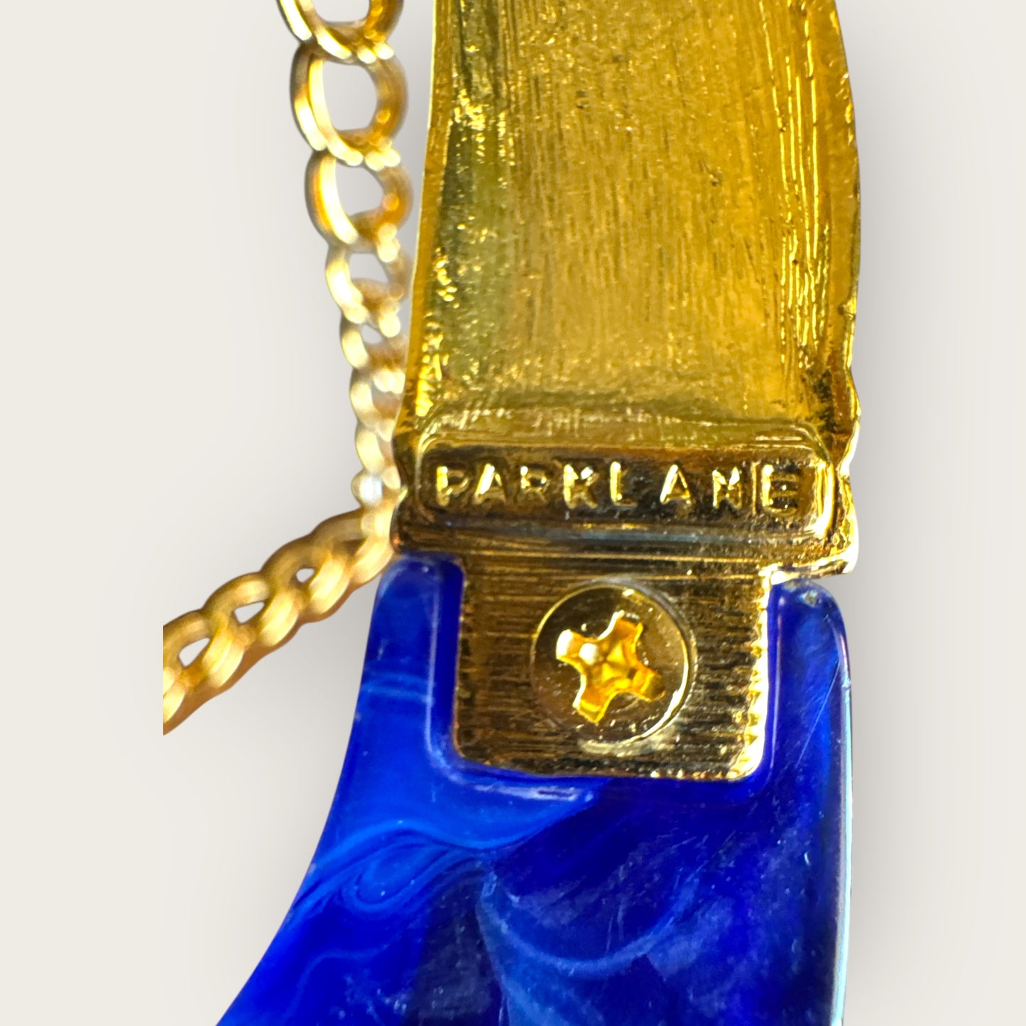 Vintage 1980s Park Lane Cobalt Blue Lucite & Gold Tone Fan Statement Necklace