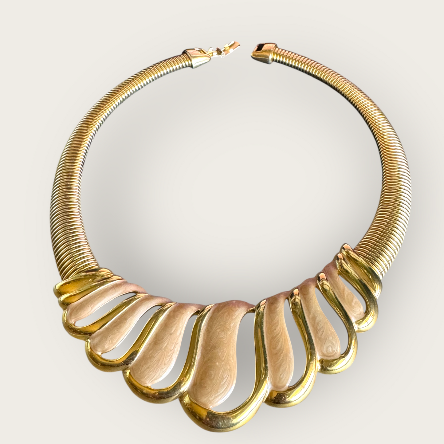 Vintage 1980s–1990s Napier Frosted Beige Enamel Omega Runway Statement Collar Necklace
