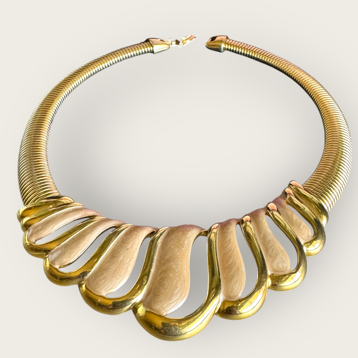 Vintage 1980s–1990s Napier Frosted Beige Enamel Omega Runway Statement Collar Necklace