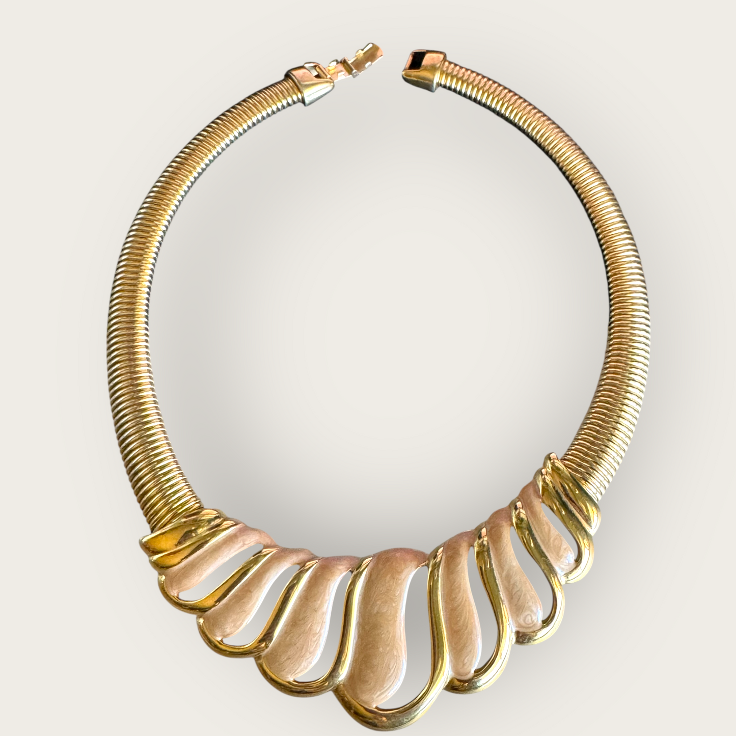 Vintage 1980s–1990s Napier Frosted Beige Enamel Omega Runway Statement Collar Necklace