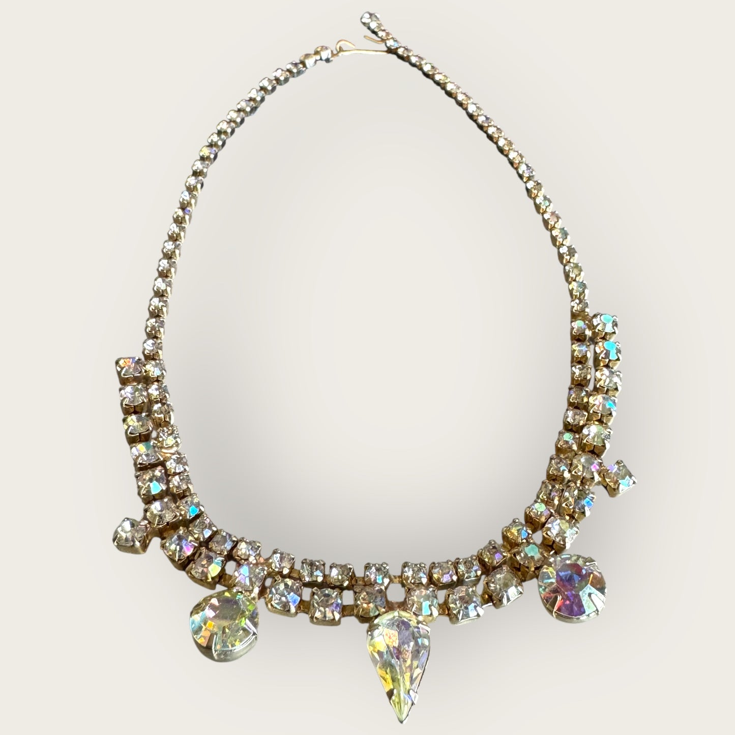 Mid-Century Aurora Borealis Rhinestone Bridal Choker Necklace – 1950s Statement Jewelry