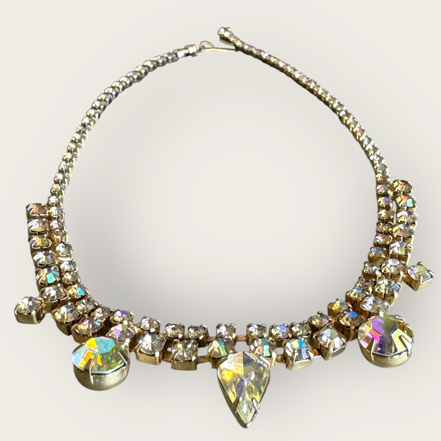 Mid-Century Aurora Borealis Rhinestone Bridal Choker Necklace – 1950s Statement Jewelry