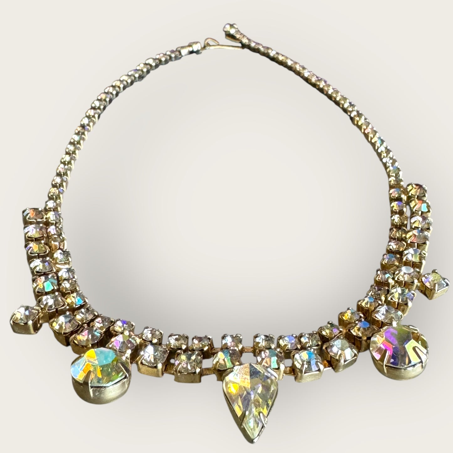 Mid-Century Aurora Borealis Rhinestone Bridal Choker Necklace – 1950s Statement Jewelry