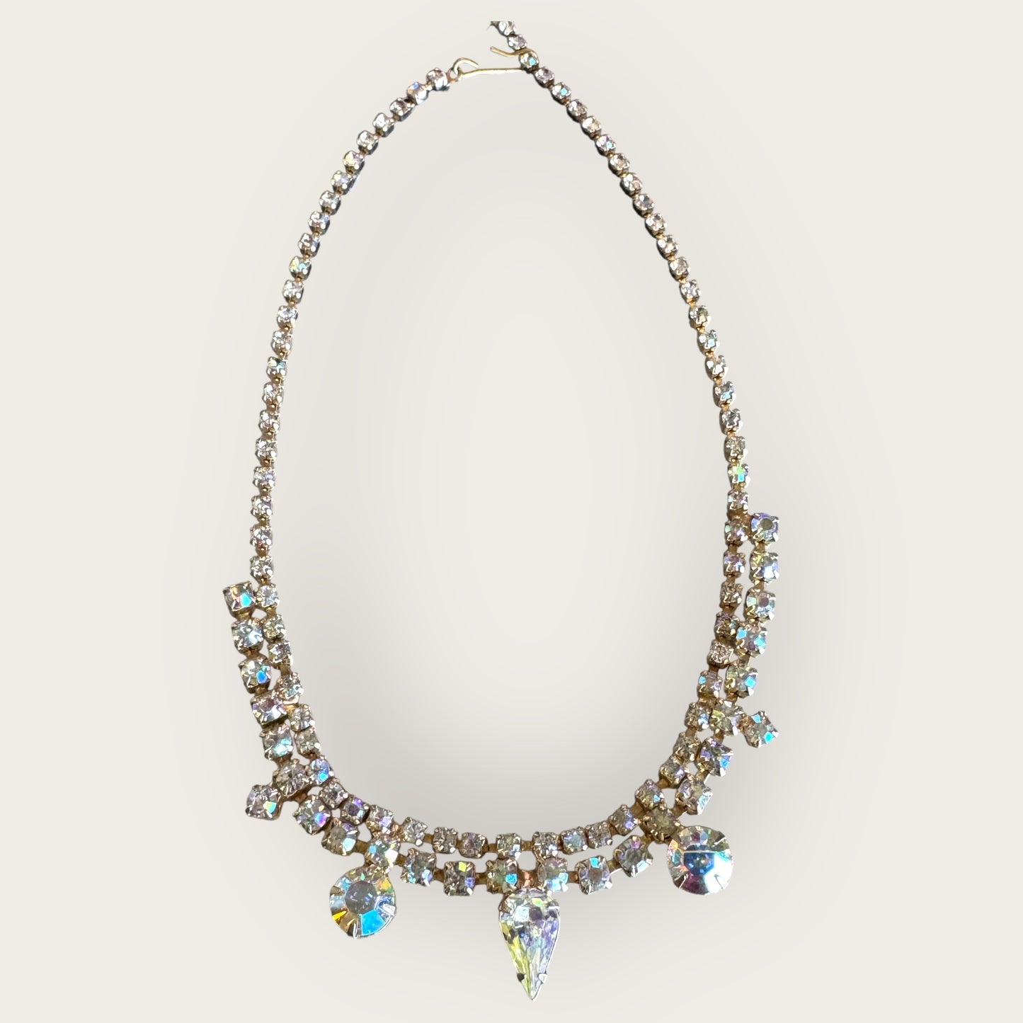 Mid-Century Aurora Borealis Rhinestone Bridal Choker Necklace – 1950s Statement Jewelry