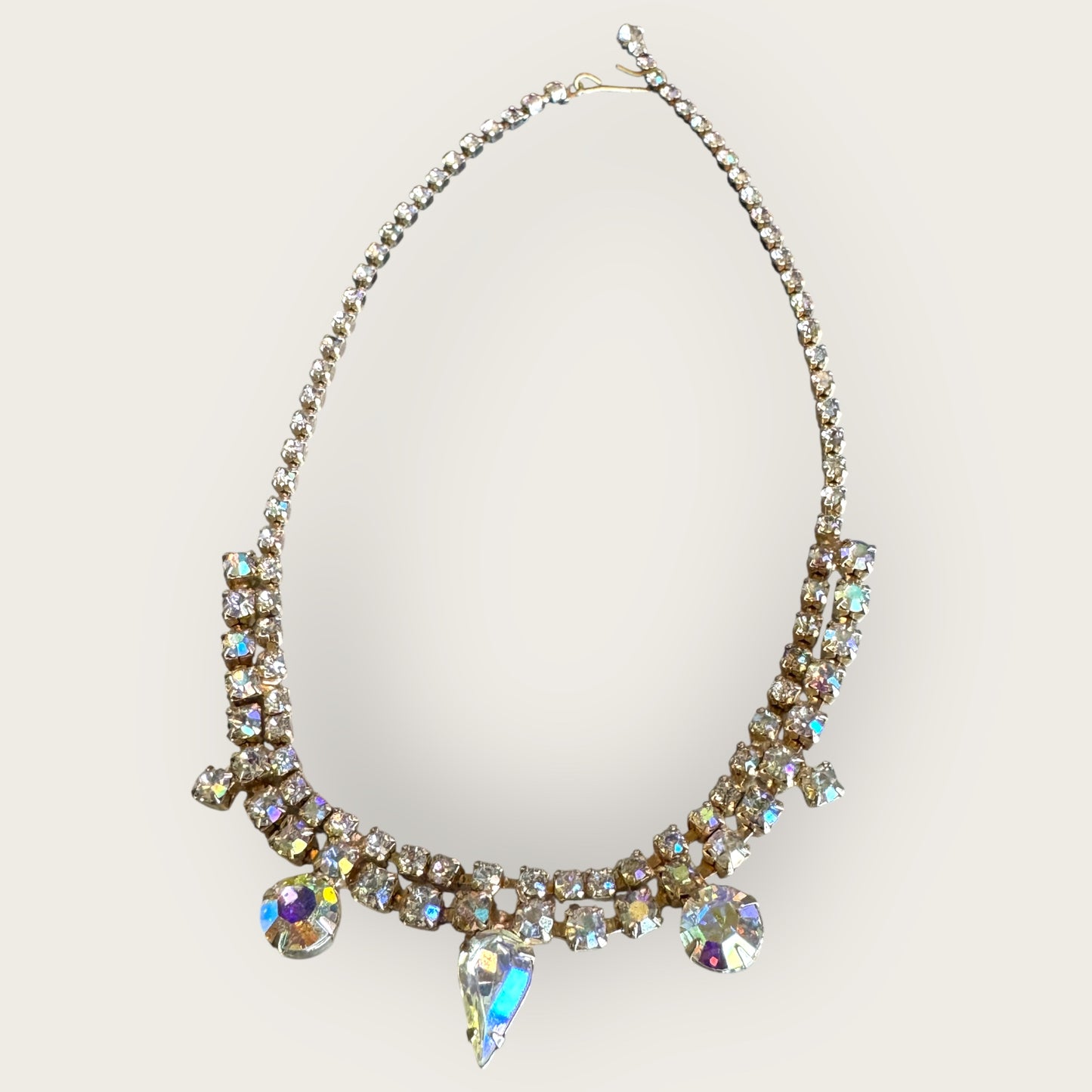 Mid-Century Aurora Borealis Rhinestone Bridal Choker Necklace – 1950s Statement Jewelry