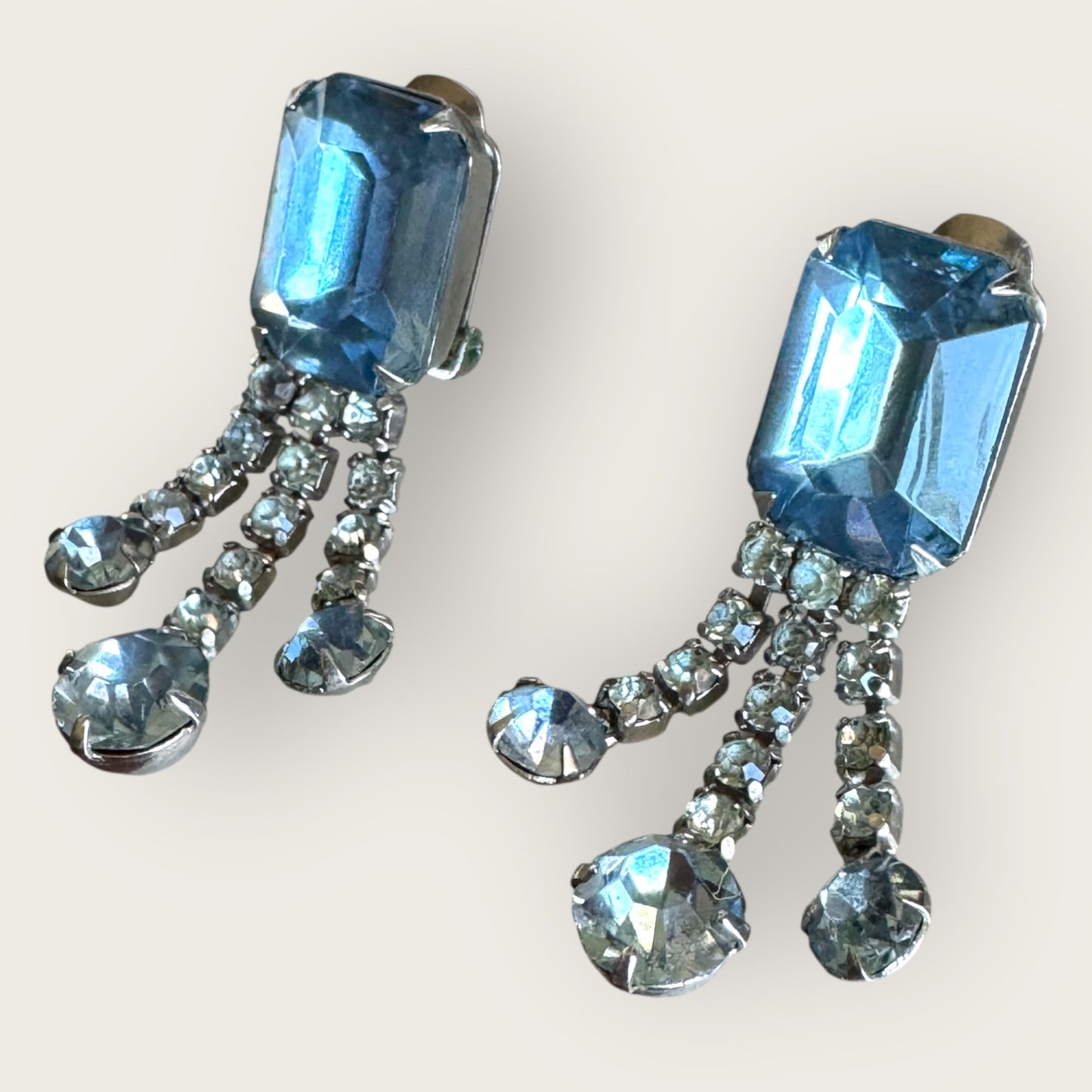 Mid-Century Baby Blue Rhinestone Statement Earrings – 1950s Chunky Clip-On Dangles