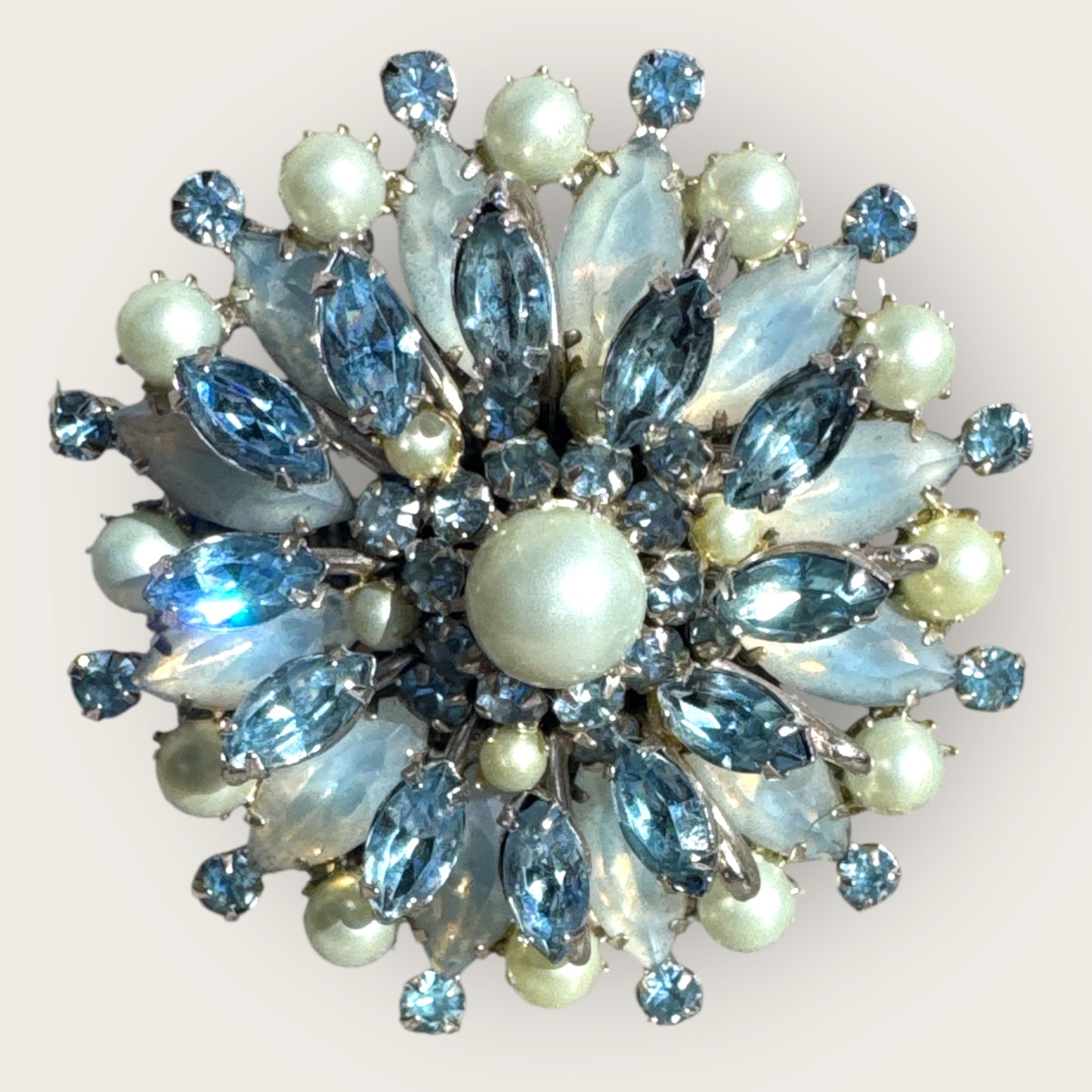 Vintage Kramer of New York Layered Brooch – Moon Glow Navette Rhinestones, Light Blue Crystals & Faux Pearls – 1950s Collectible Jewelry