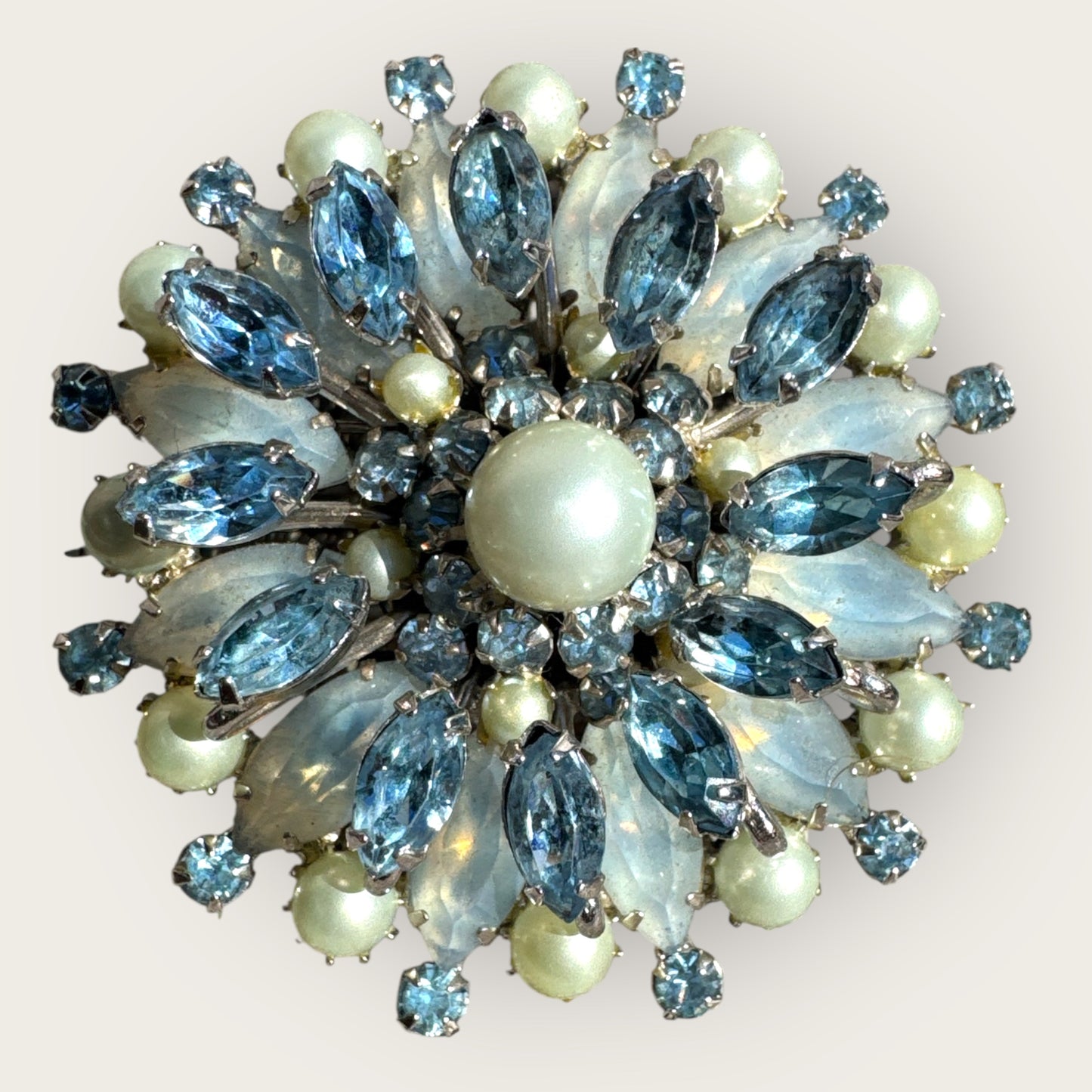Vintage Kramer of New York Layered Brooch – Moon Glow Navette Rhinestones, Light Blue Crystals & Faux Pearls – 1950s Collectible Jewelry