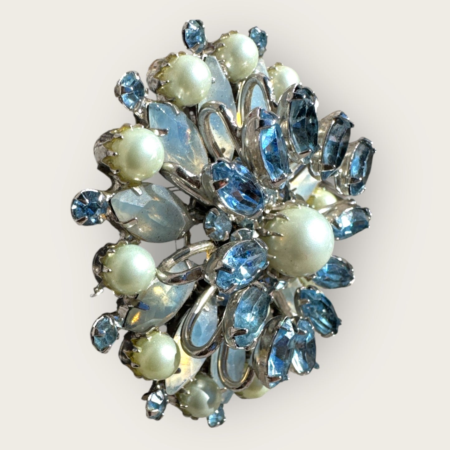 Vintage Kramer of New York Layered Brooch – Moon Glow Navette Rhinestones, Light Blue Crystals & Faux Pearls – 1950s Collectible Jewelry