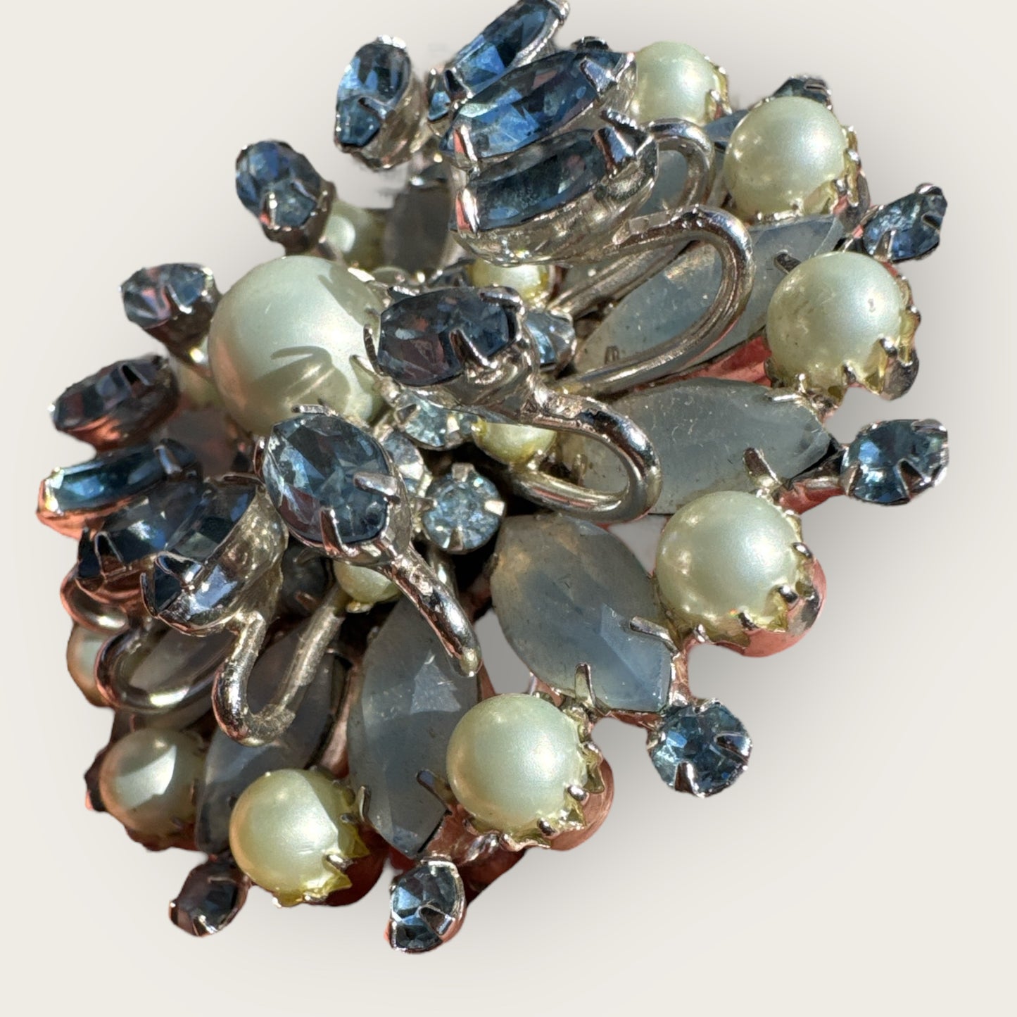 Vintage Kramer of New York Layered Brooch – Moon Glow Navette Rhinestones, Light Blue Crystals & Faux Pearls – 1950s Collectible Jewelry