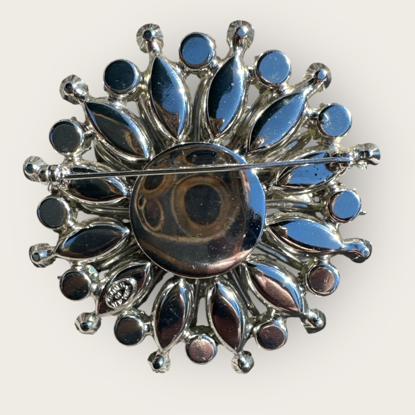 Vintage Kramer of New York Layered Brooch – Moon Glow Navette Rhinestones, Light Blue Crystals & Faux Pearls – 1950s Collectible Jewelry