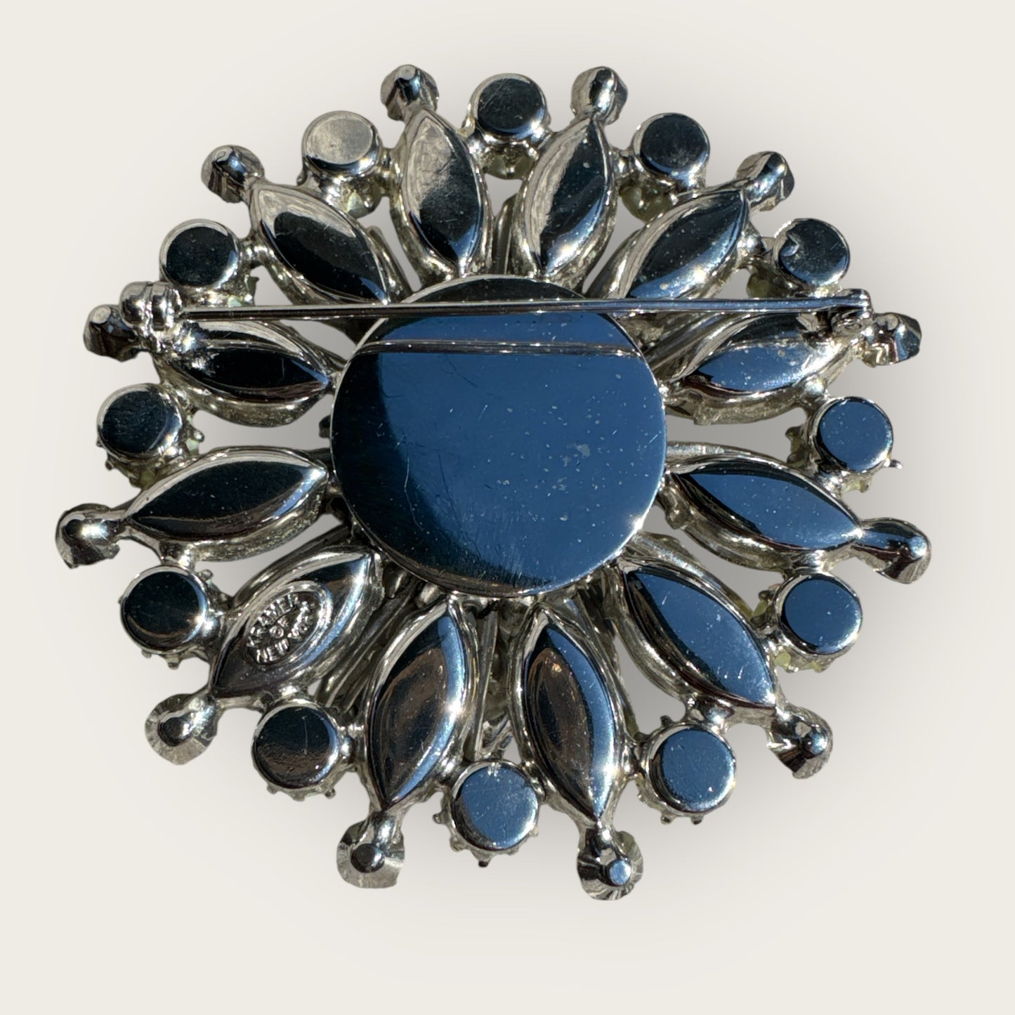 Vintage Kramer of New York Layered Brooch – Moon Glow Navette Rhinestones, Light Blue Crystals & Faux Pearls – 1950s Collectible Jewelry