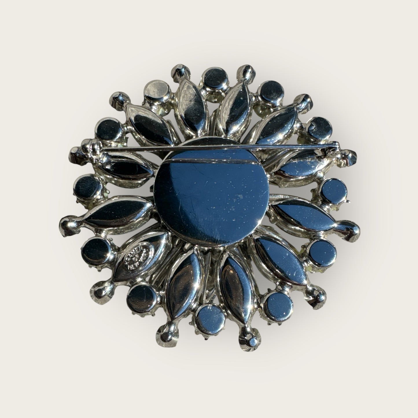 Vintage Kramer of New York Layered Brooch – Moon Glow Navette Rhinestones, Light Blue Crystals & Faux Pearls – 1950s Collectible Jewelry