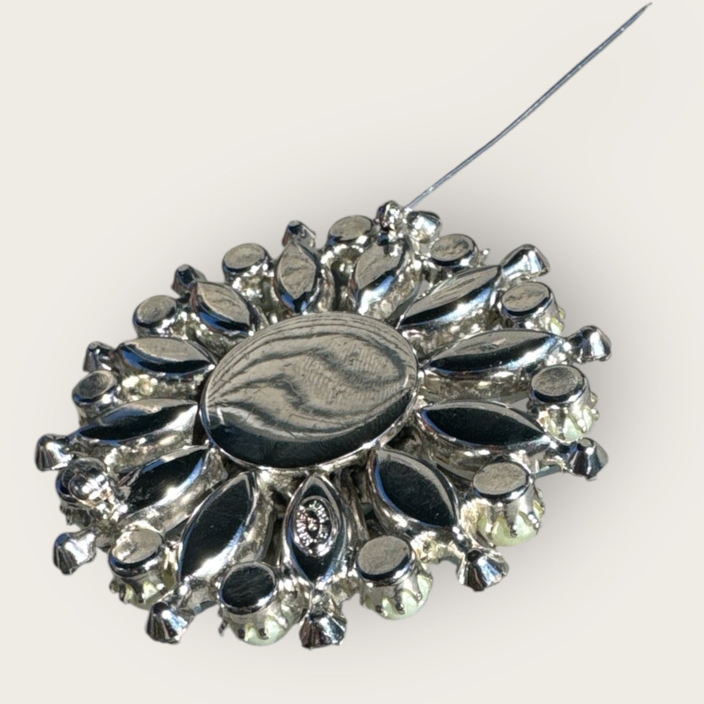 Vintage Kramer of New York Layered Brooch – Moon Glow Navette Rhinestones, Light Blue Crystals & Faux Pearls – 1950s Collectible Jewelry