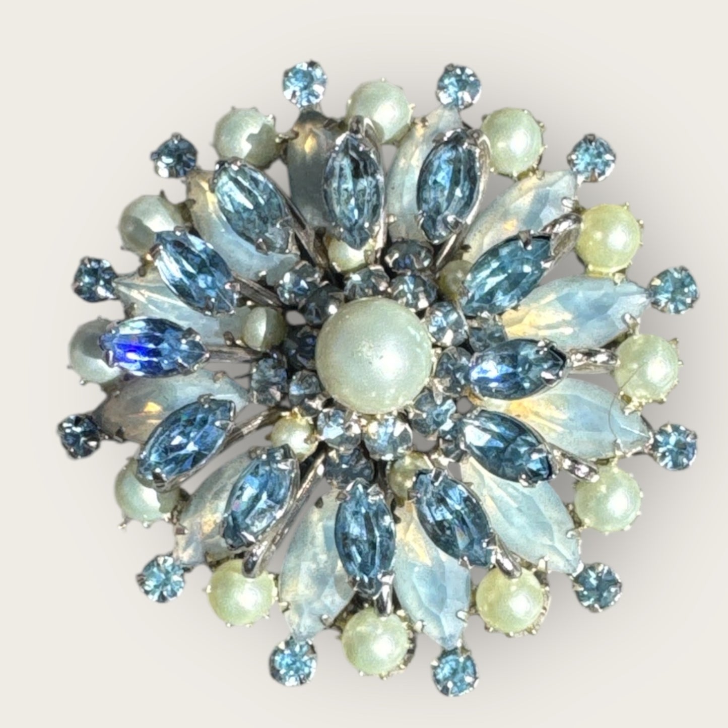Vintage Kramer of New York Layered Brooch – Moon Glow Navette Rhinestones, Light Blue Crystals & Faux Pearls – 1950s Collectible Jewelry