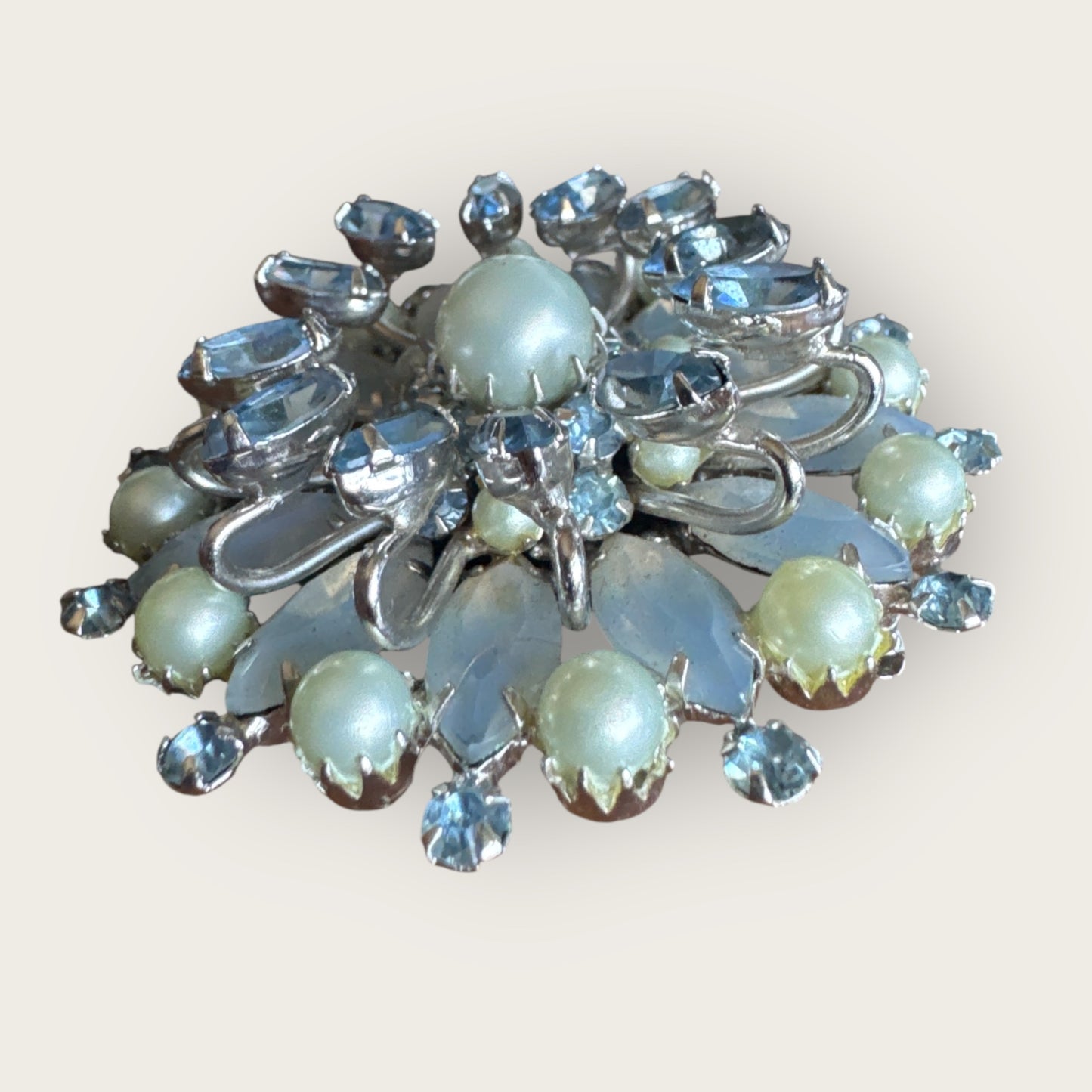 Vintage Kramer of New York Layered Brooch – Moon Glow Navette Rhinestones, Light Blue Crystals & Faux Pearls – 1950s Collectible Jewelry