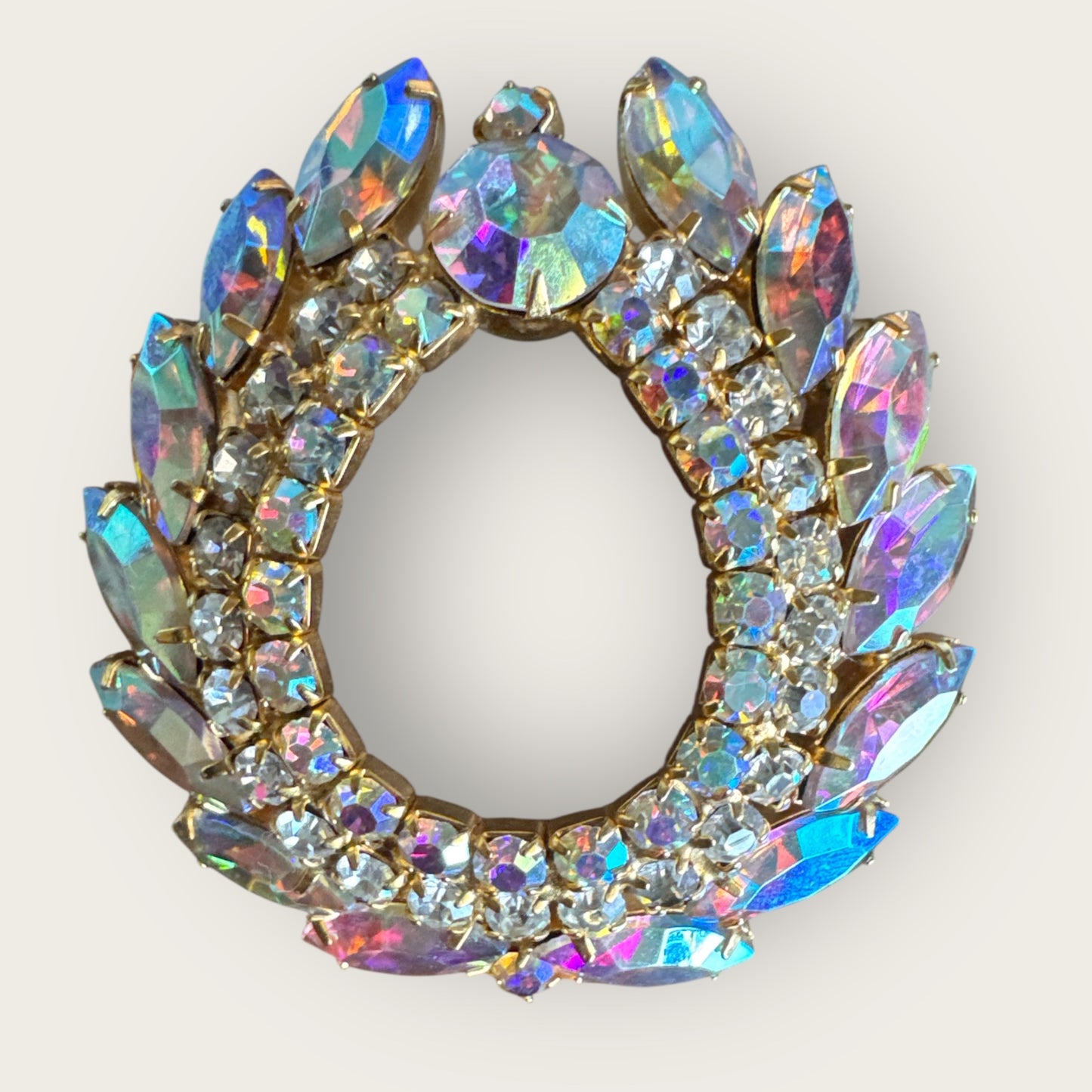 Vintage Aurora Borealis Rhinestone Oval Wreath Brooch – Large 1960s Statement Pin