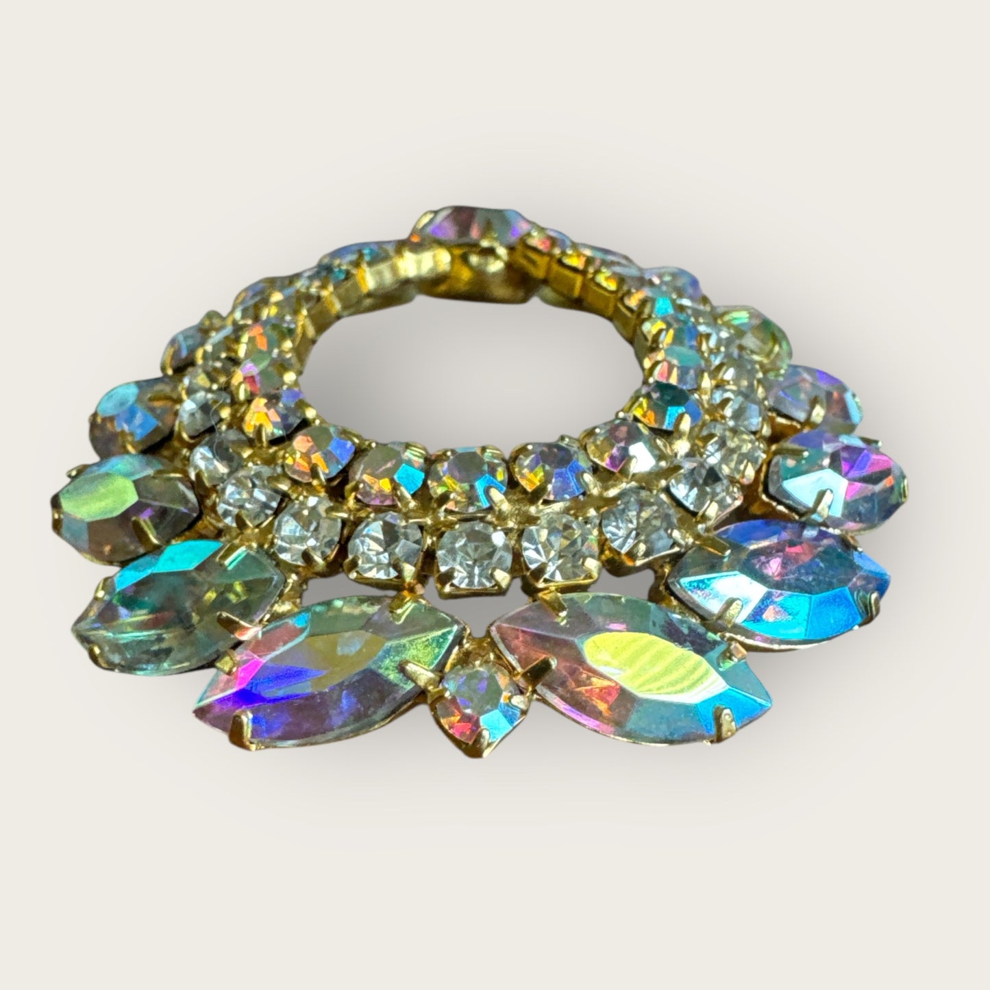 Vintage Aurora Borealis Rhinestone Oval Wreath Brooch – Large 1960s Statement Pin